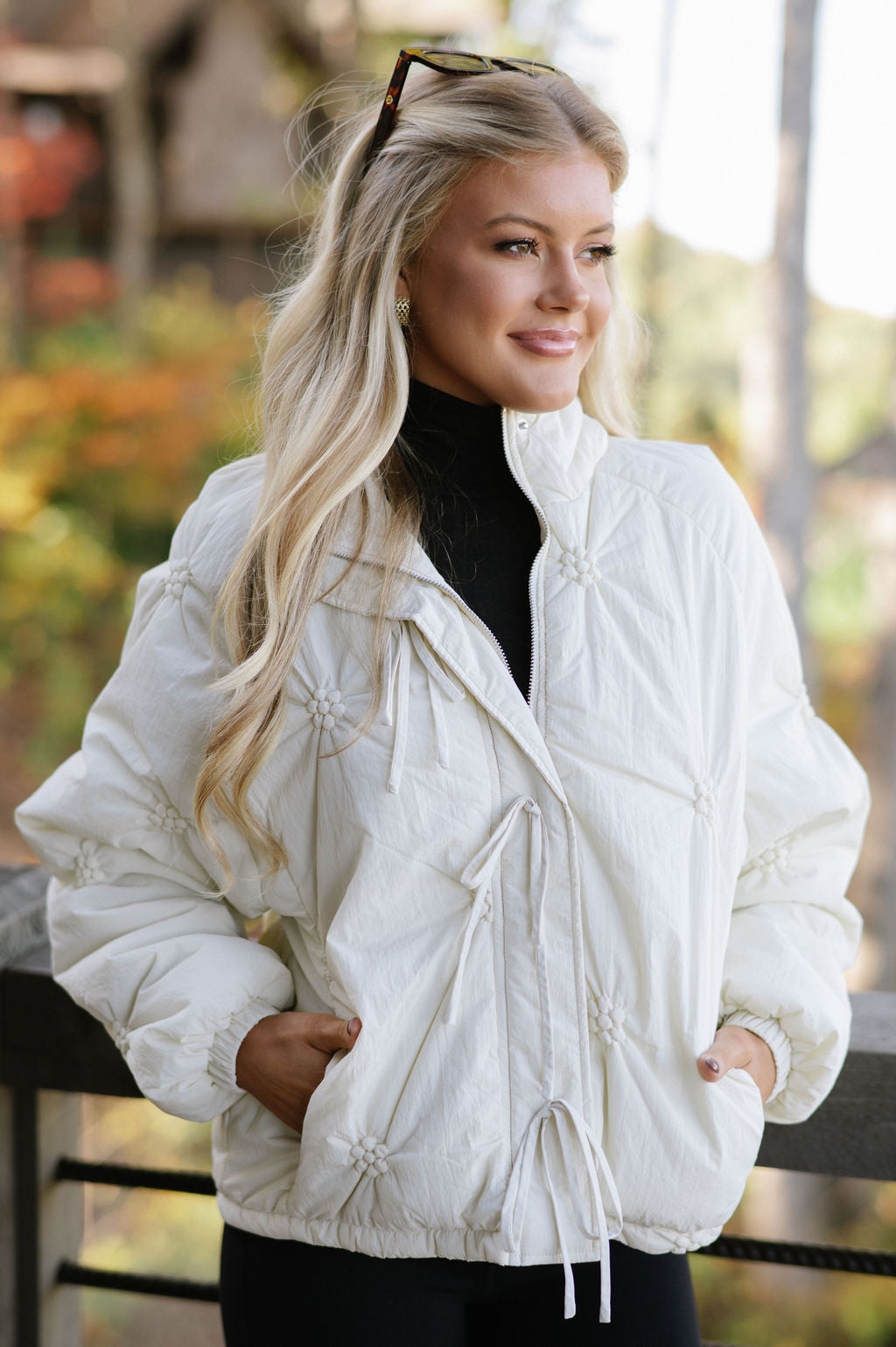 Ribbon Puff Sleeve Puffer-Cream