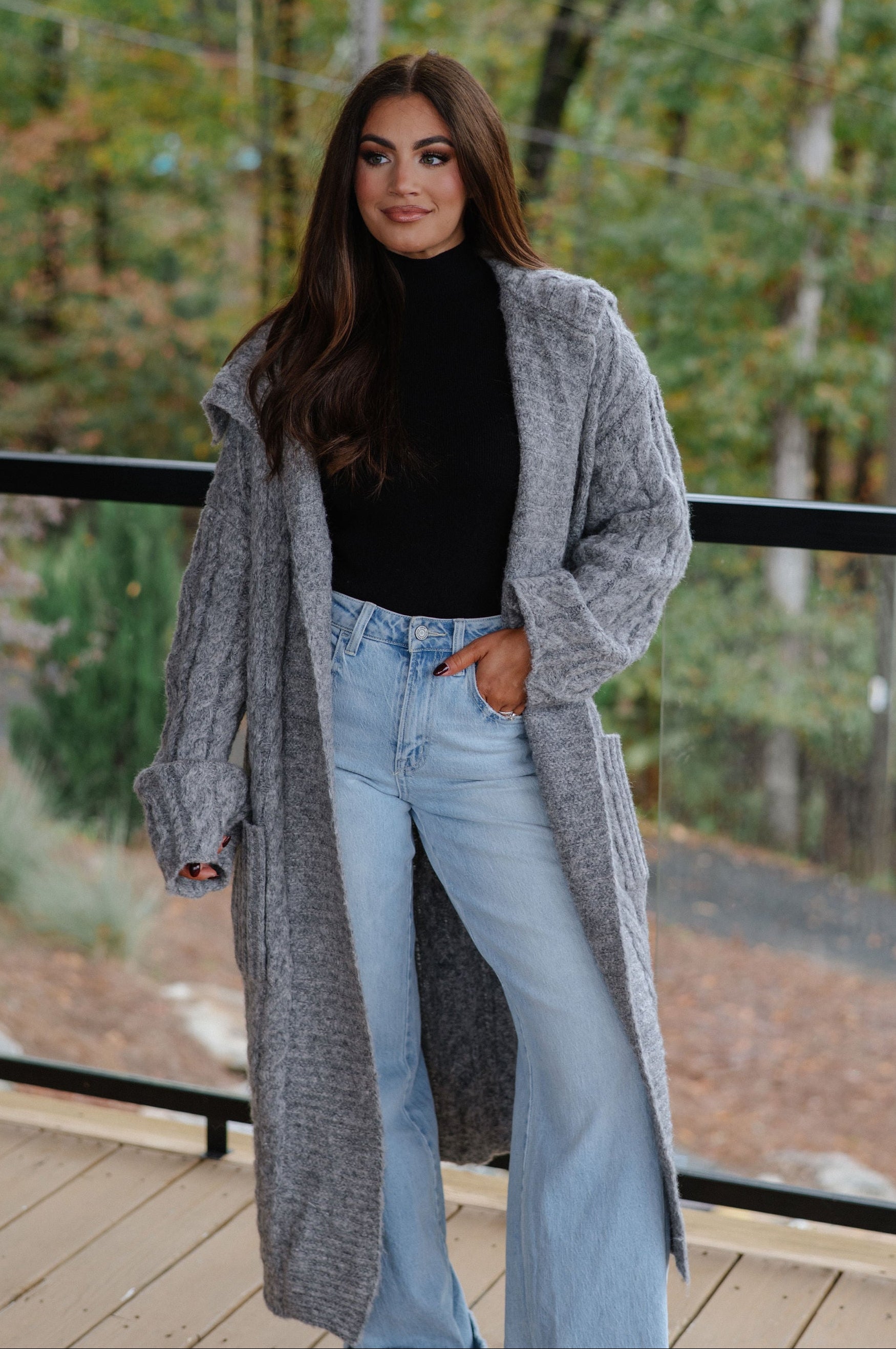 Chunky Knit Foldover Cardigan-Charcoal