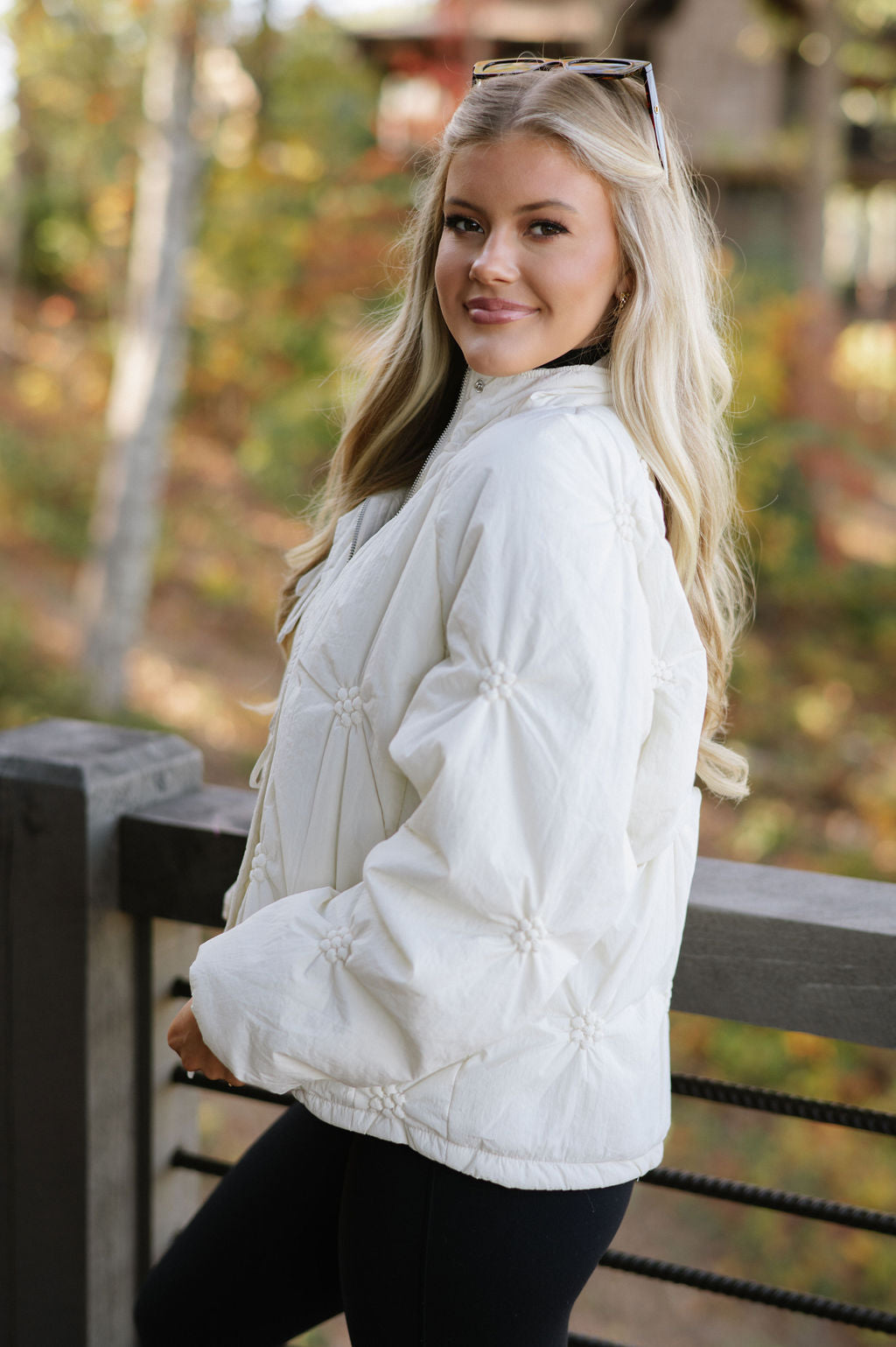 Ribbon Puff Sleeve Puffer-Cream