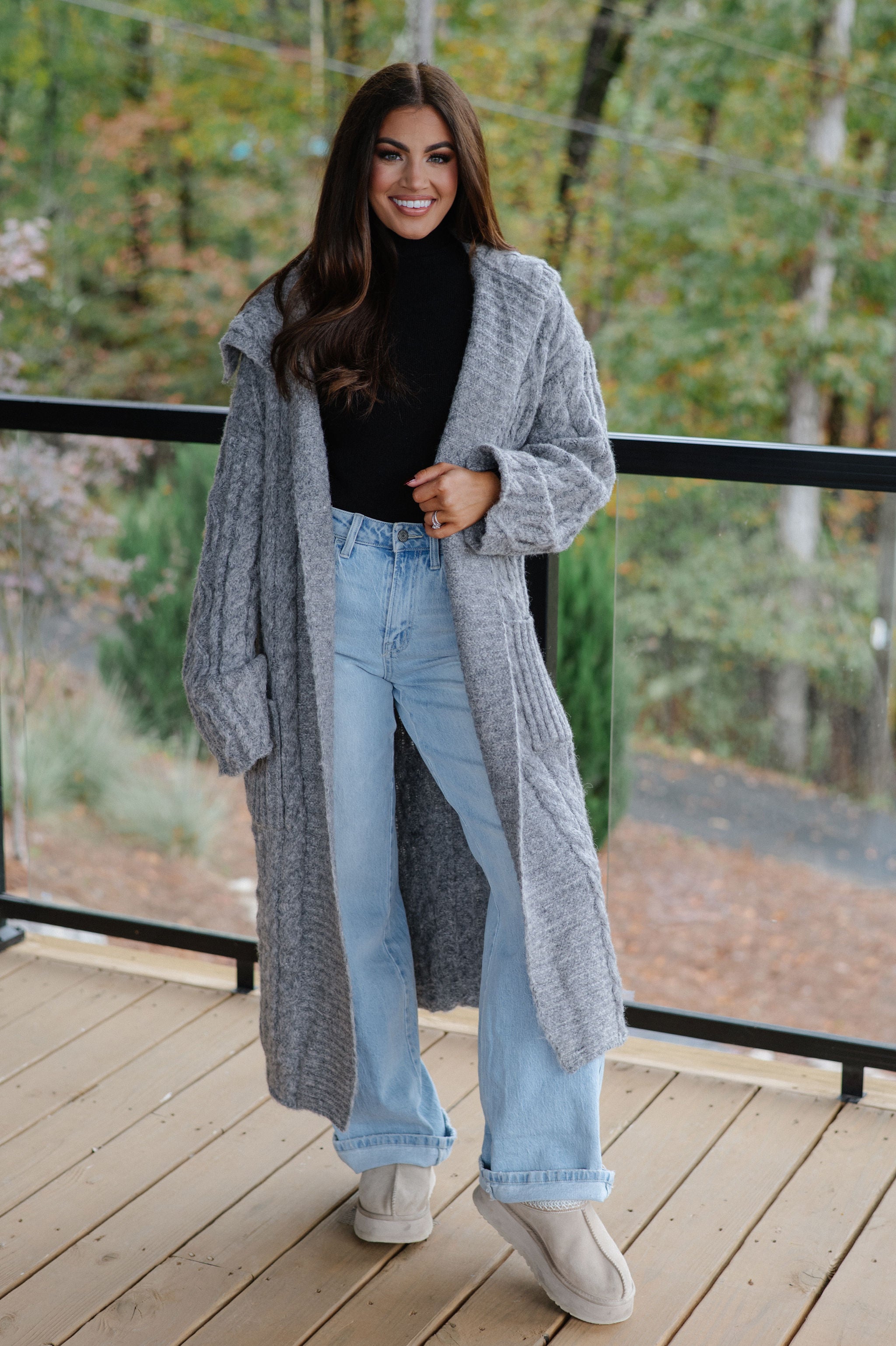 Chunky Knit Foldover Cardigan-Charcoal