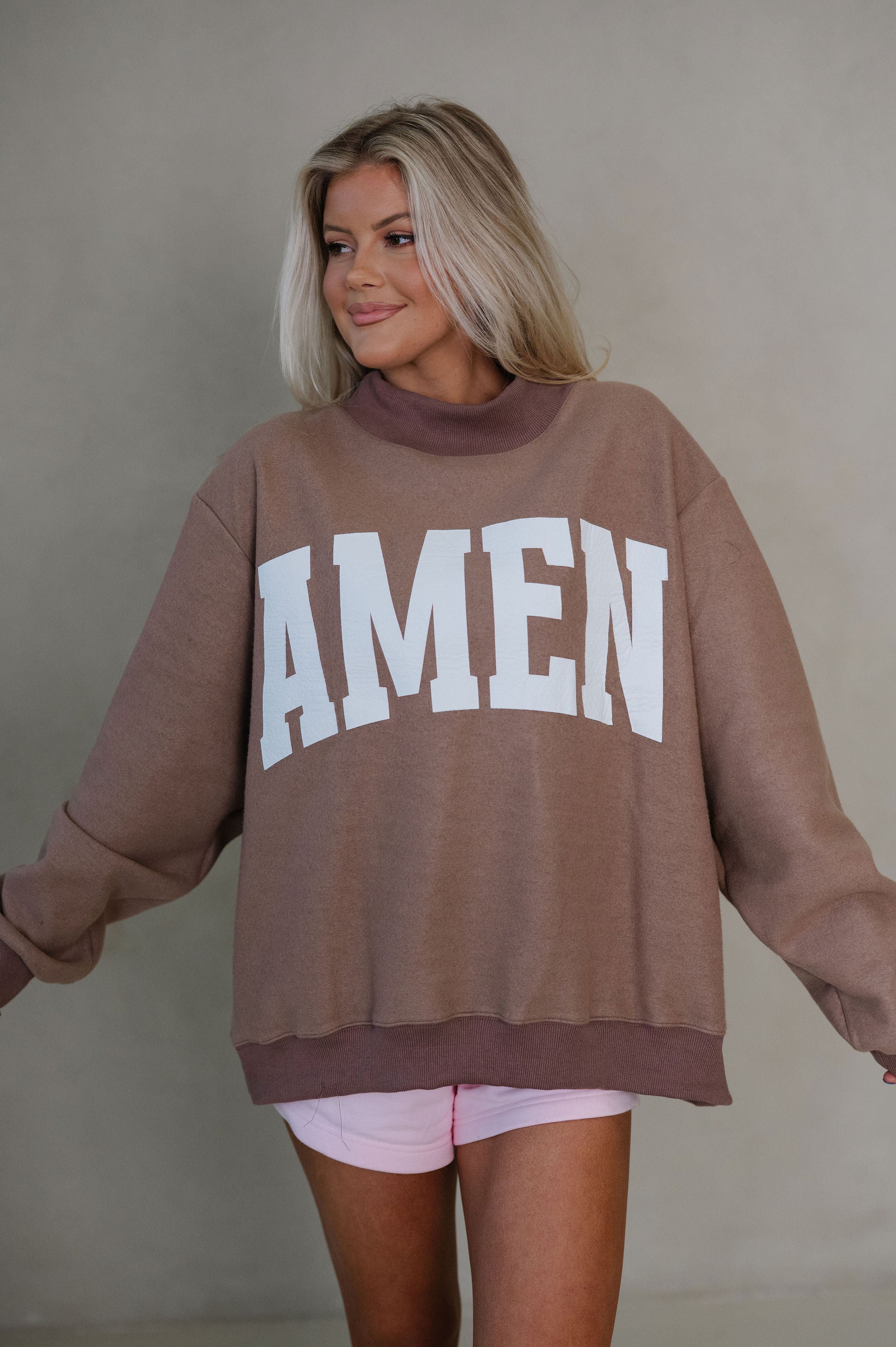 "WWJD/Amen" Reversible Mock Neck Sweatshirt-Brown