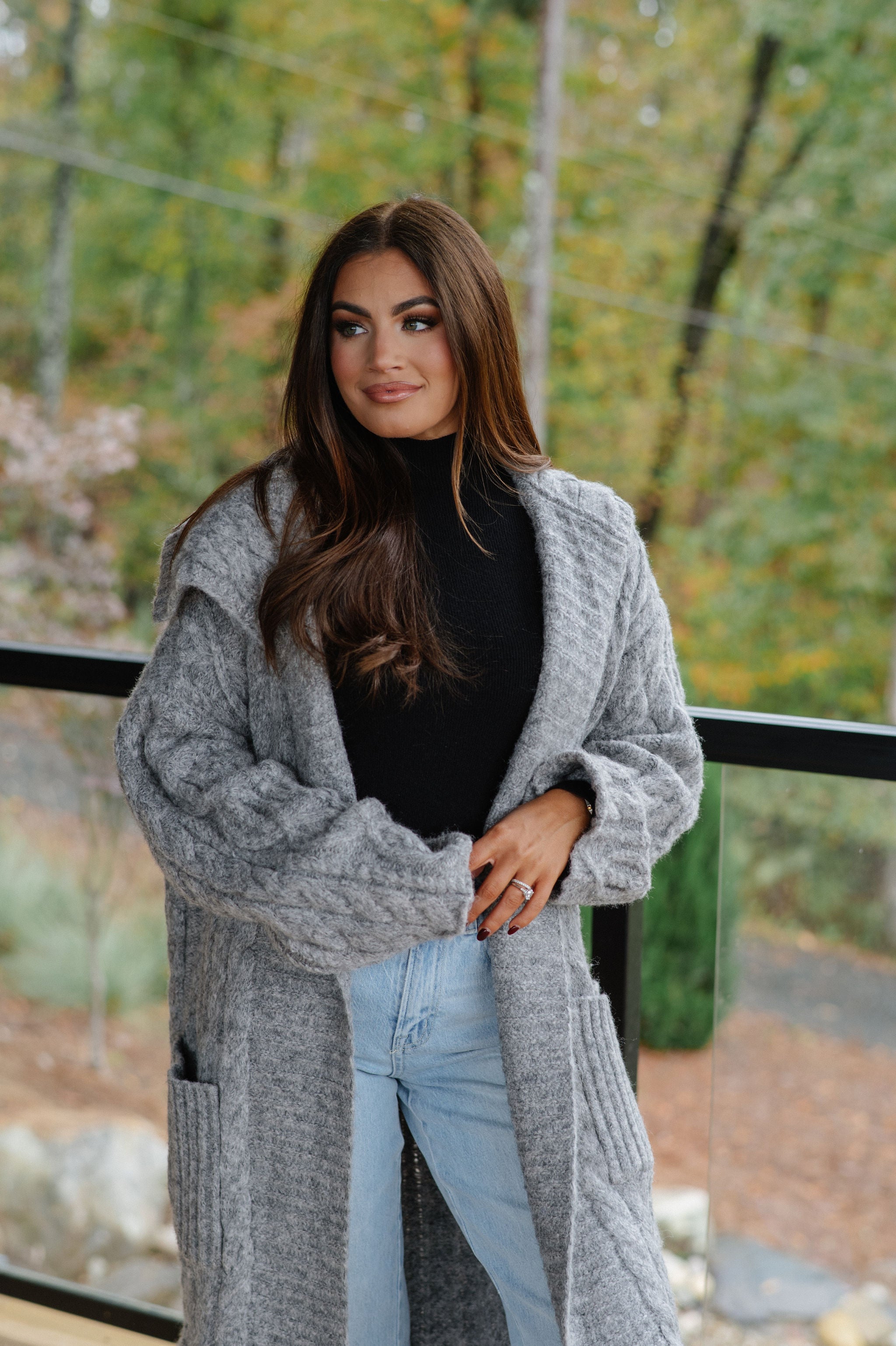 Chunky Knit Foldover Cardigan-Charcoal