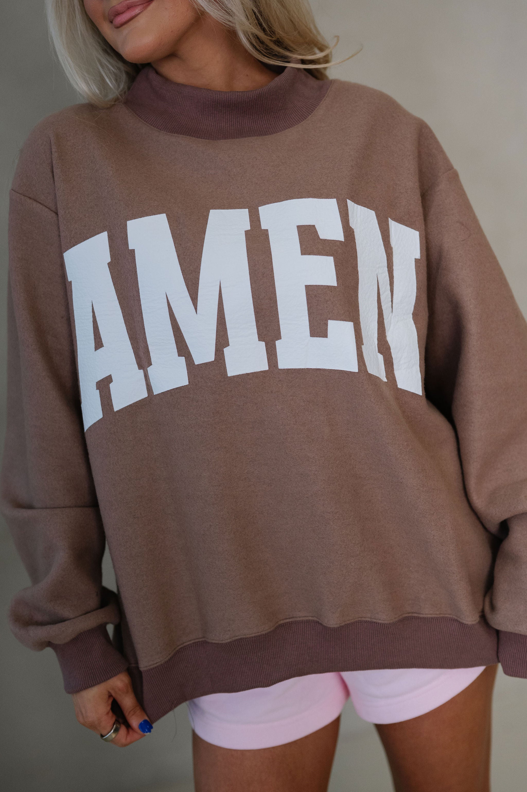 "WWJD/Amen" Reversible Mock Neck Sweatshirt-Brown