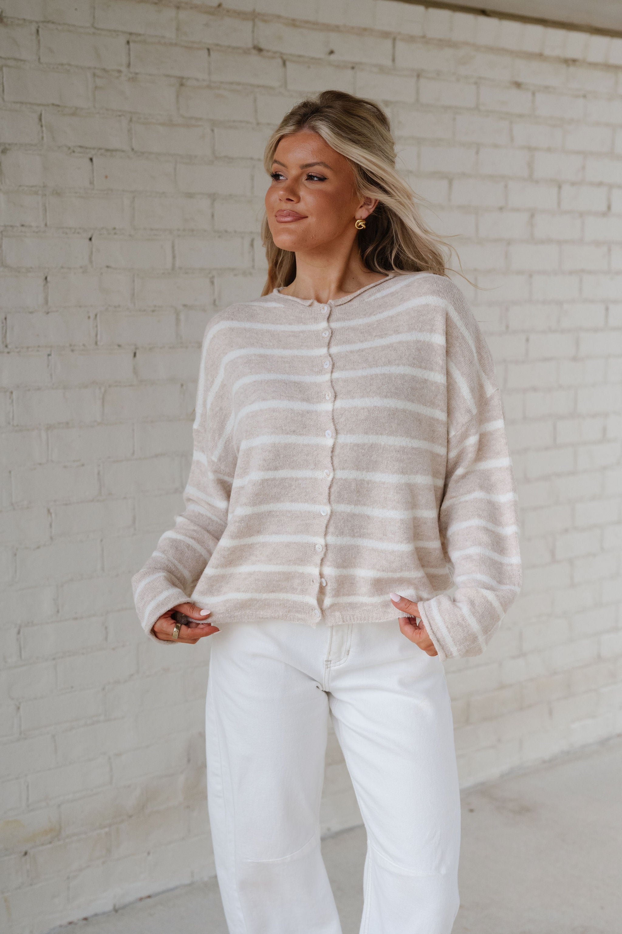 Cabana Striped Cardigan-Beige