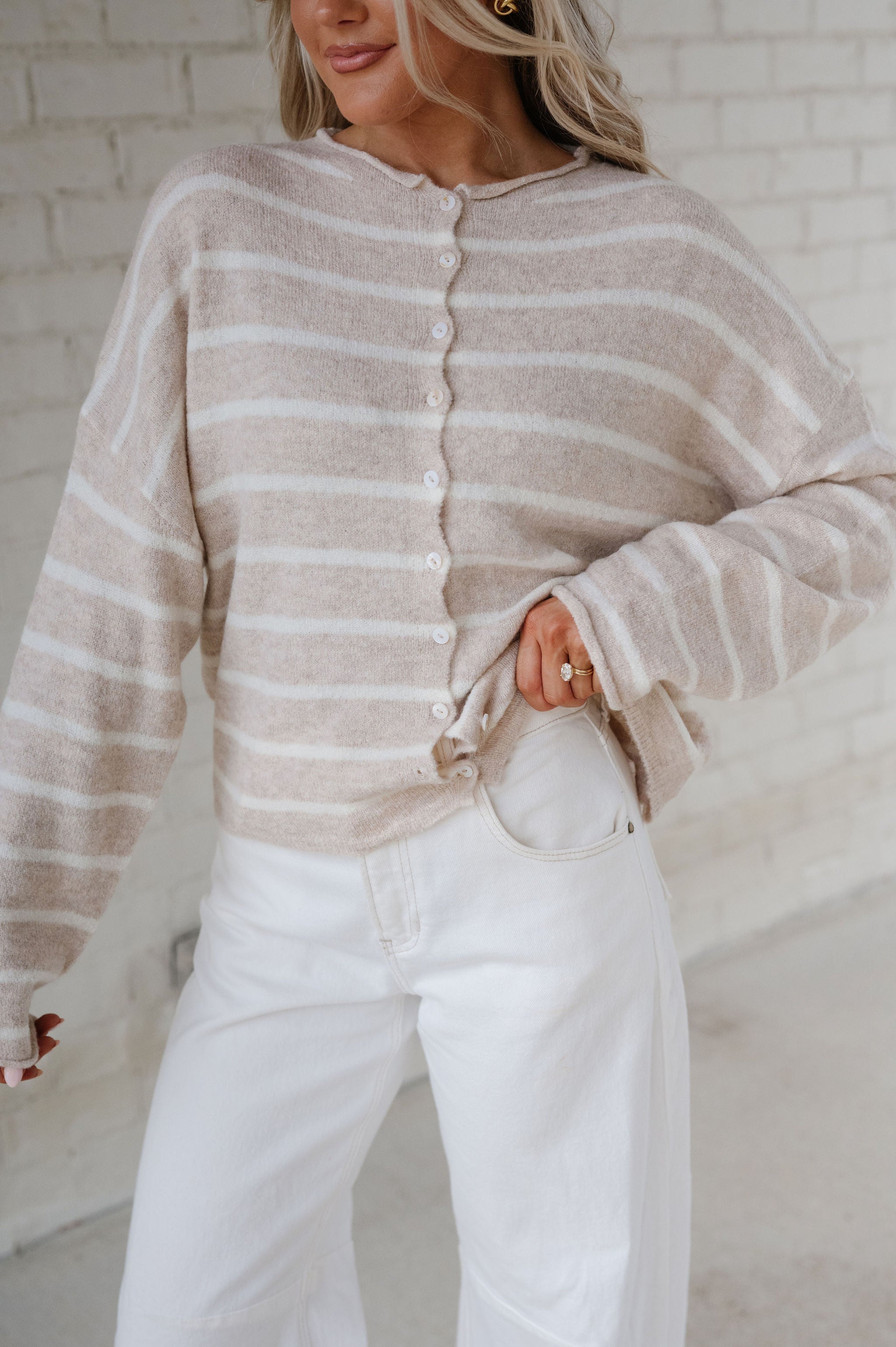 Cabana Striped Cardigan-Beige
