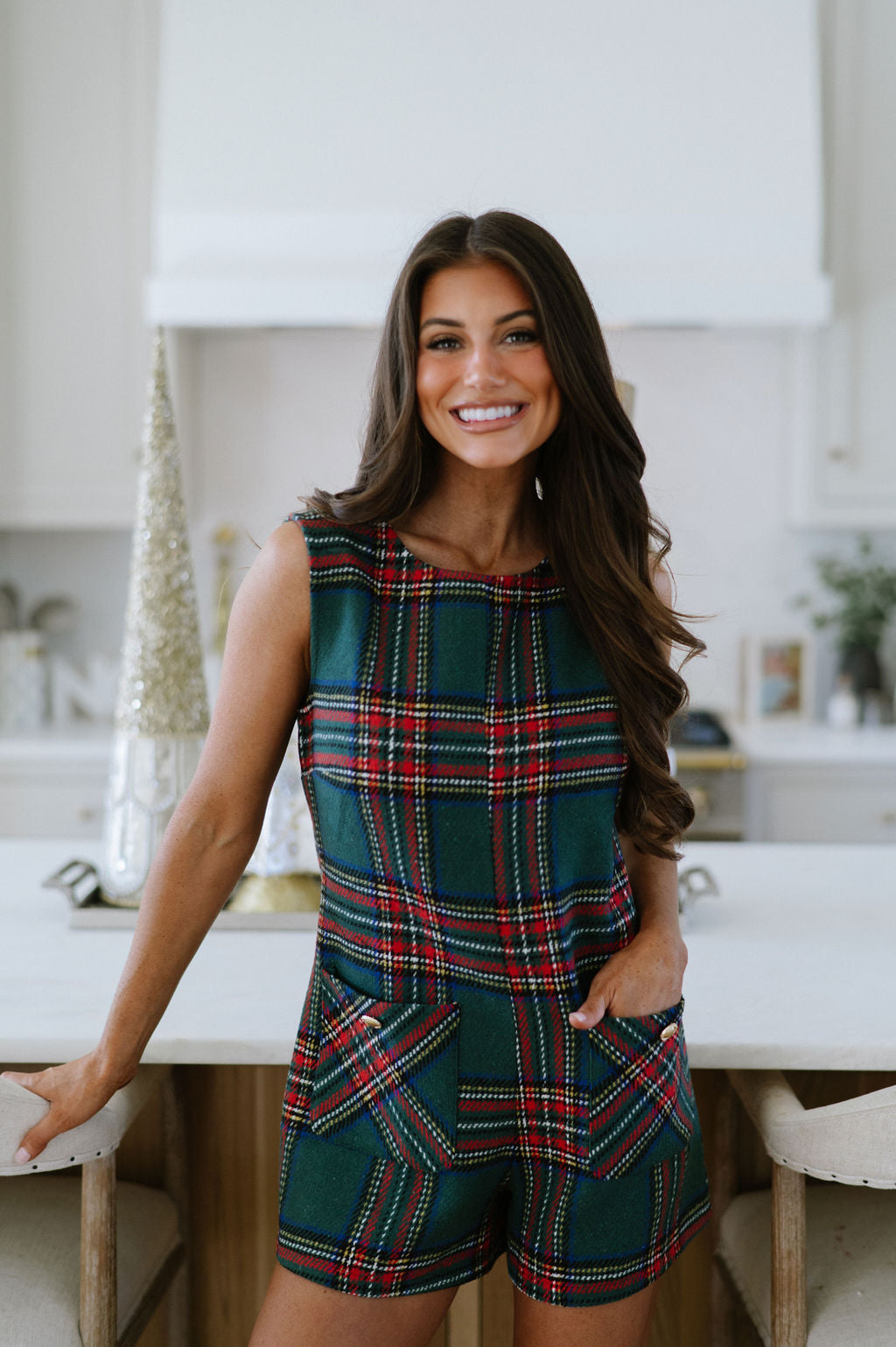 Plaid Pocketed Romper-Green