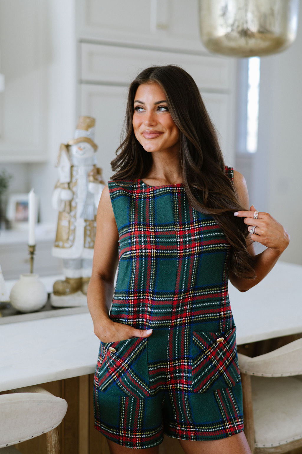 Plaid Pocketed Romper-Green