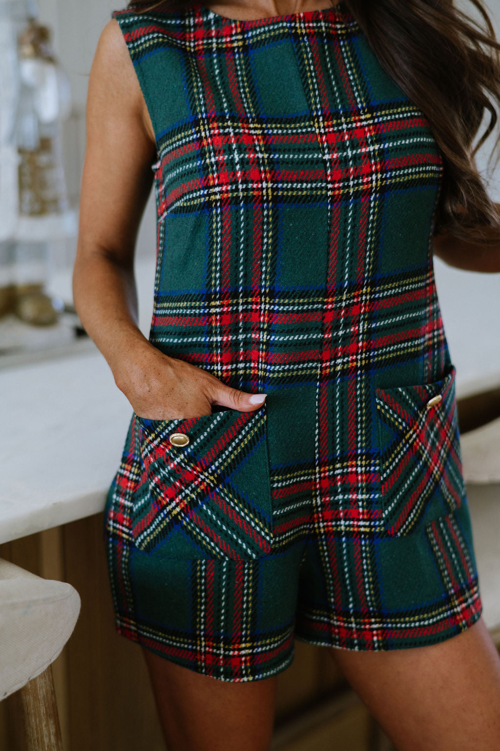 Plaid Pocketed Romper-Green