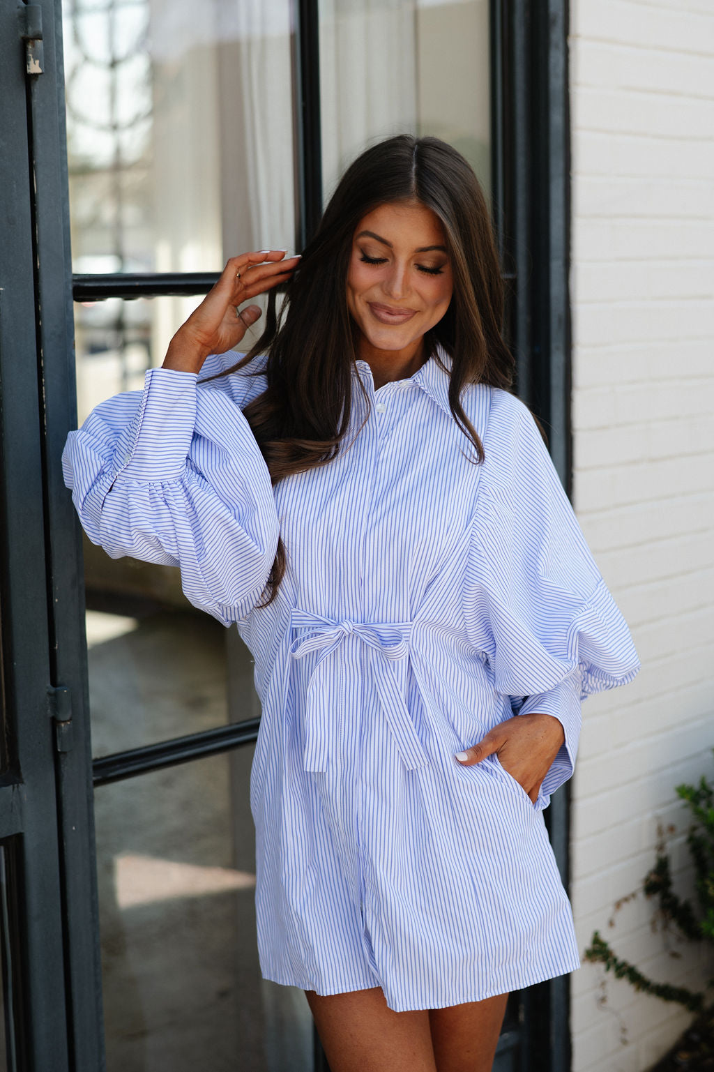 Puff Sleeve Mini Poplin Dress-White/Blue