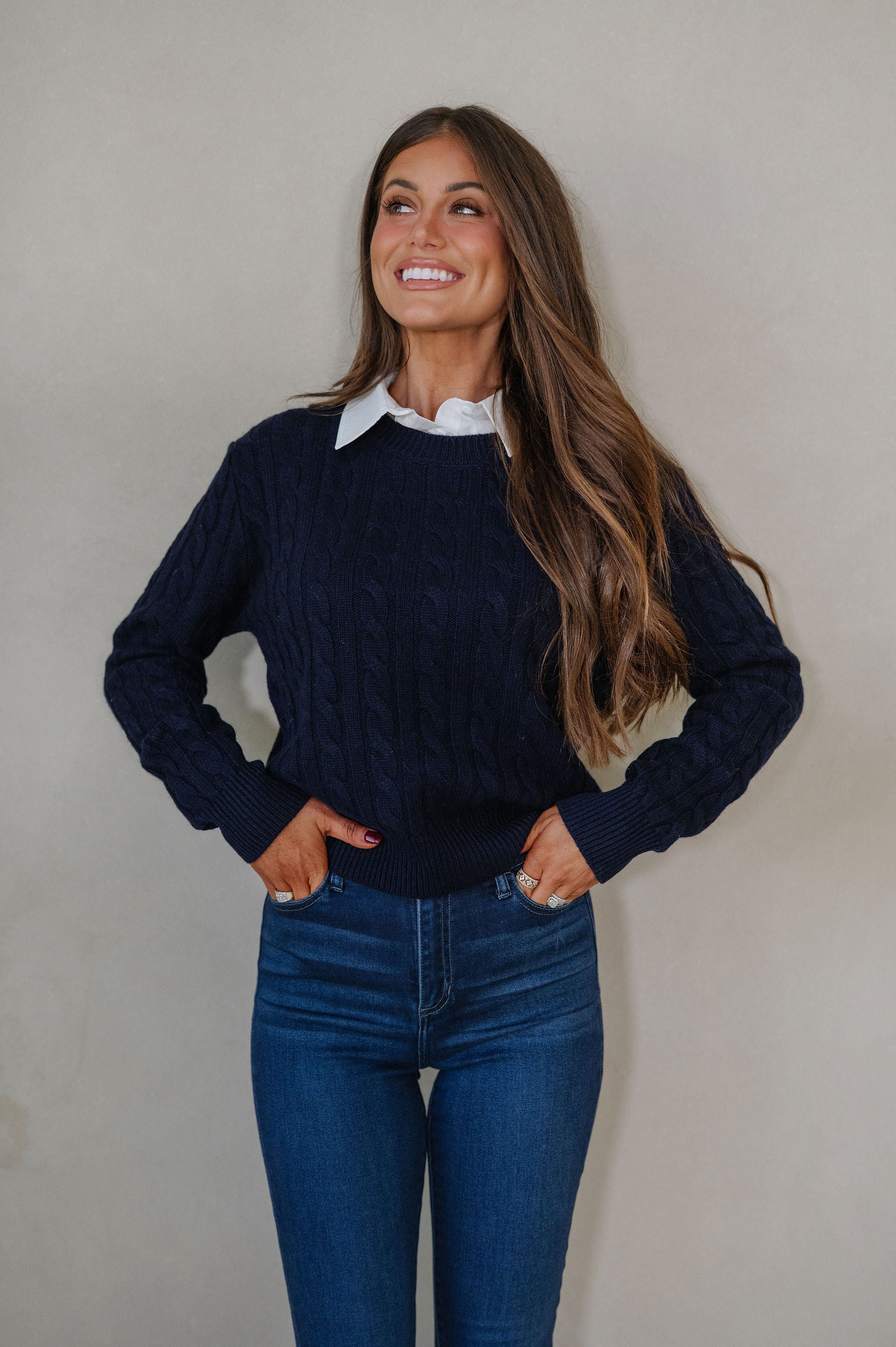 Tessa Cable Knit Sweater-Navy