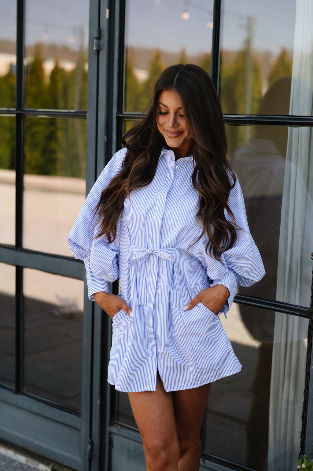 Puff Sleeve Mini Poplin Dress-White/Blue