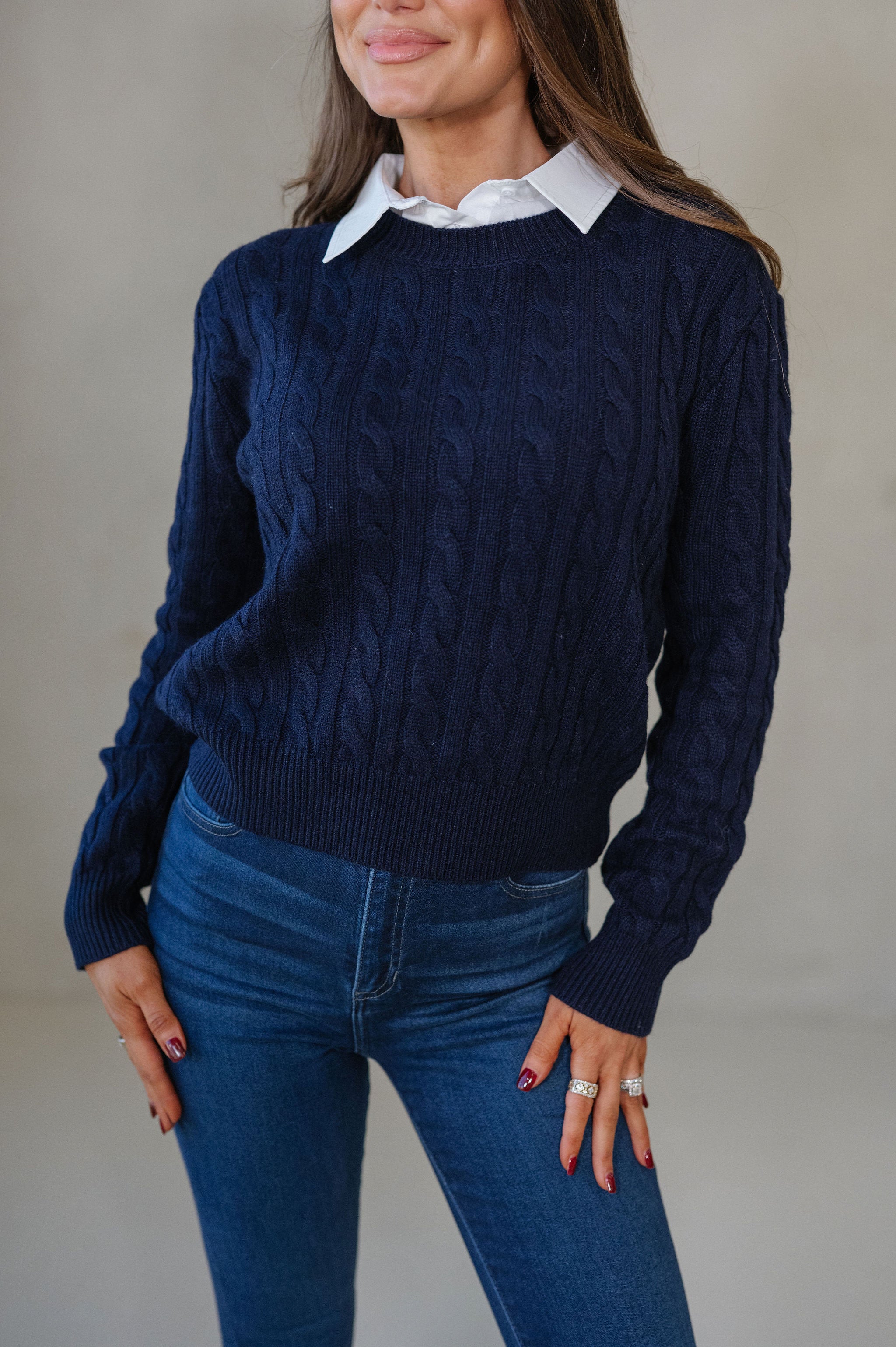 Tessa Cable Knit Sweater-Navy