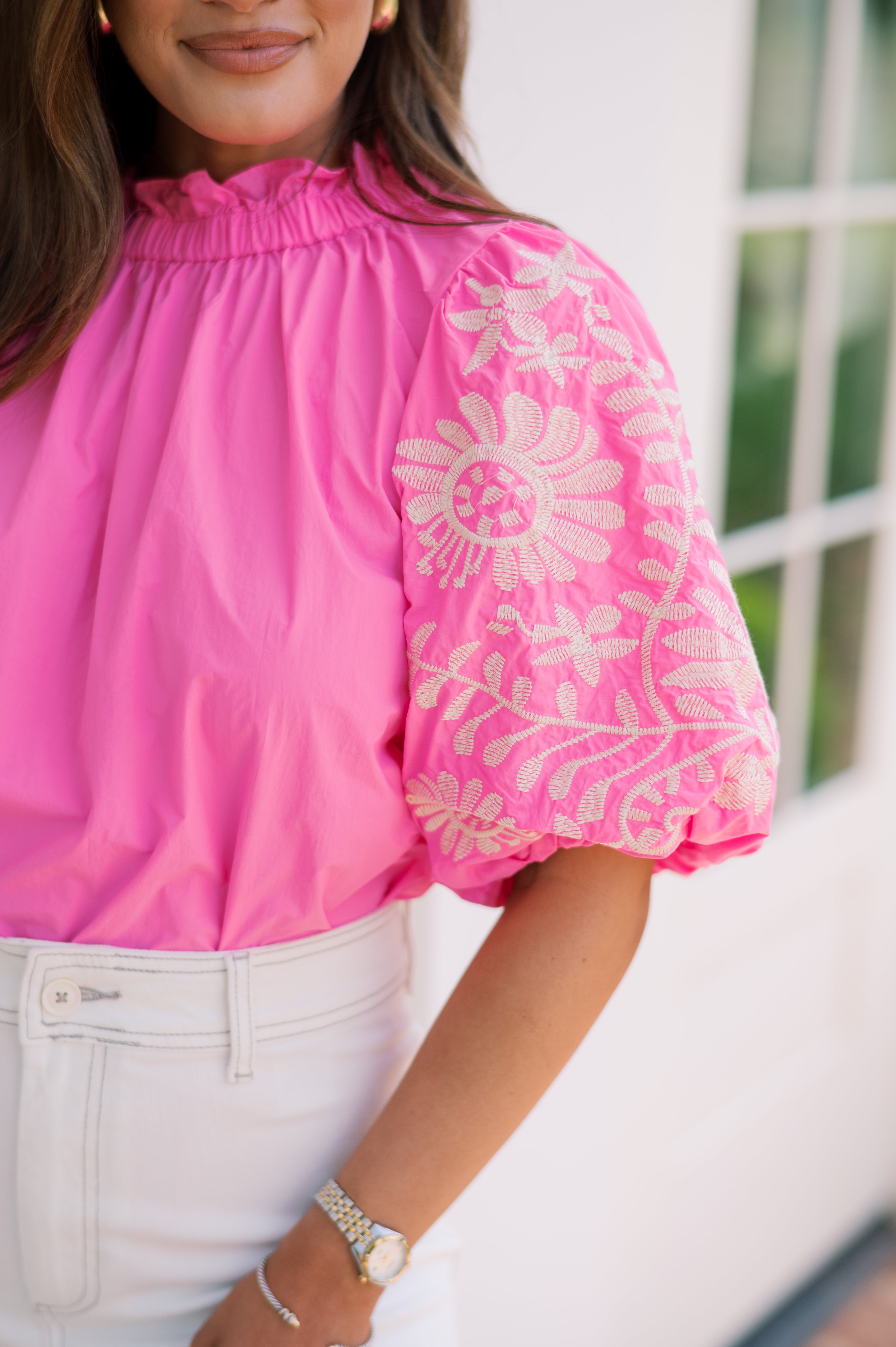 Kori Embroidered Puff Sleeve Top-Pink