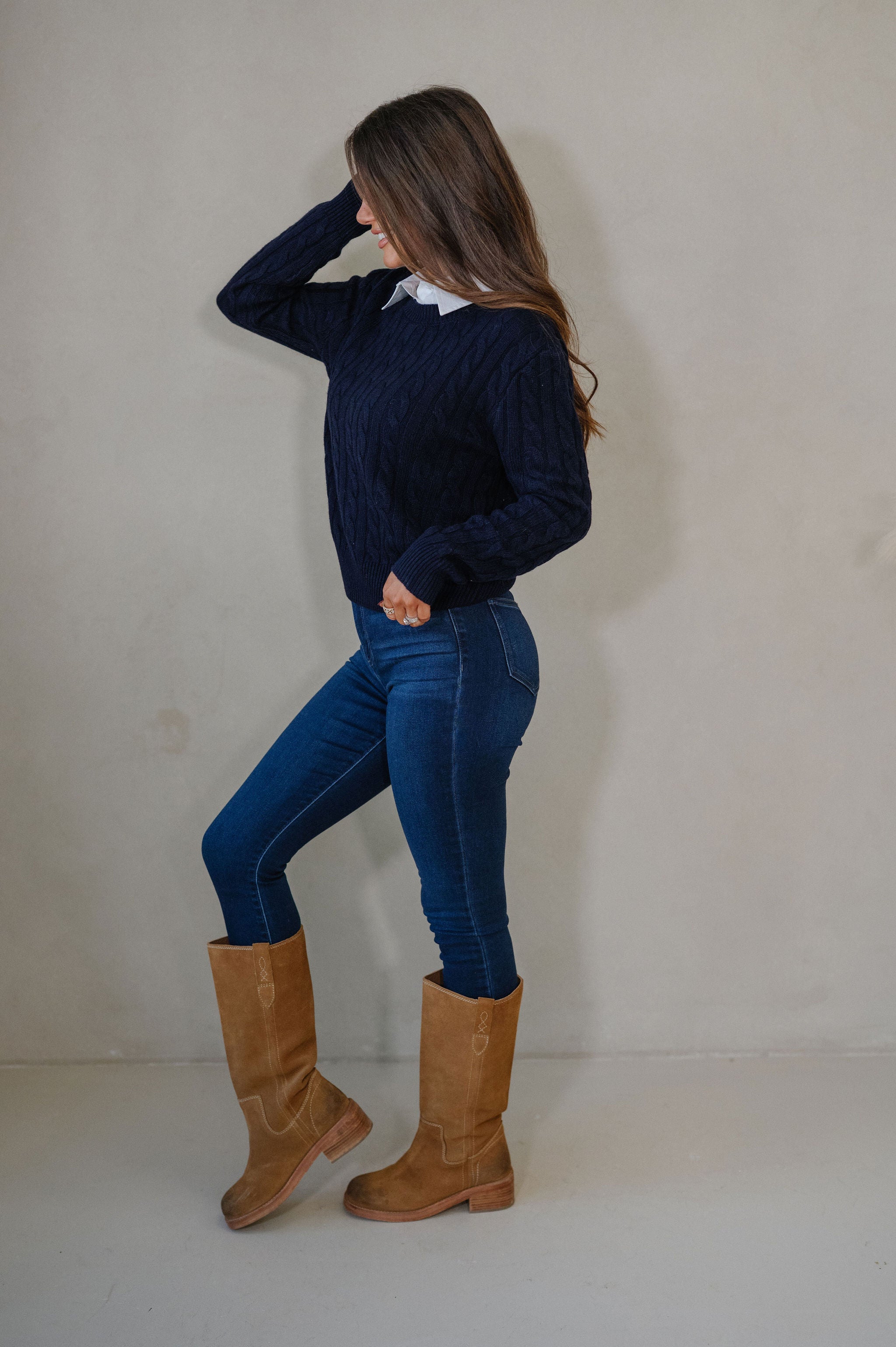 Tessa Cable Knit Sweater-Navy