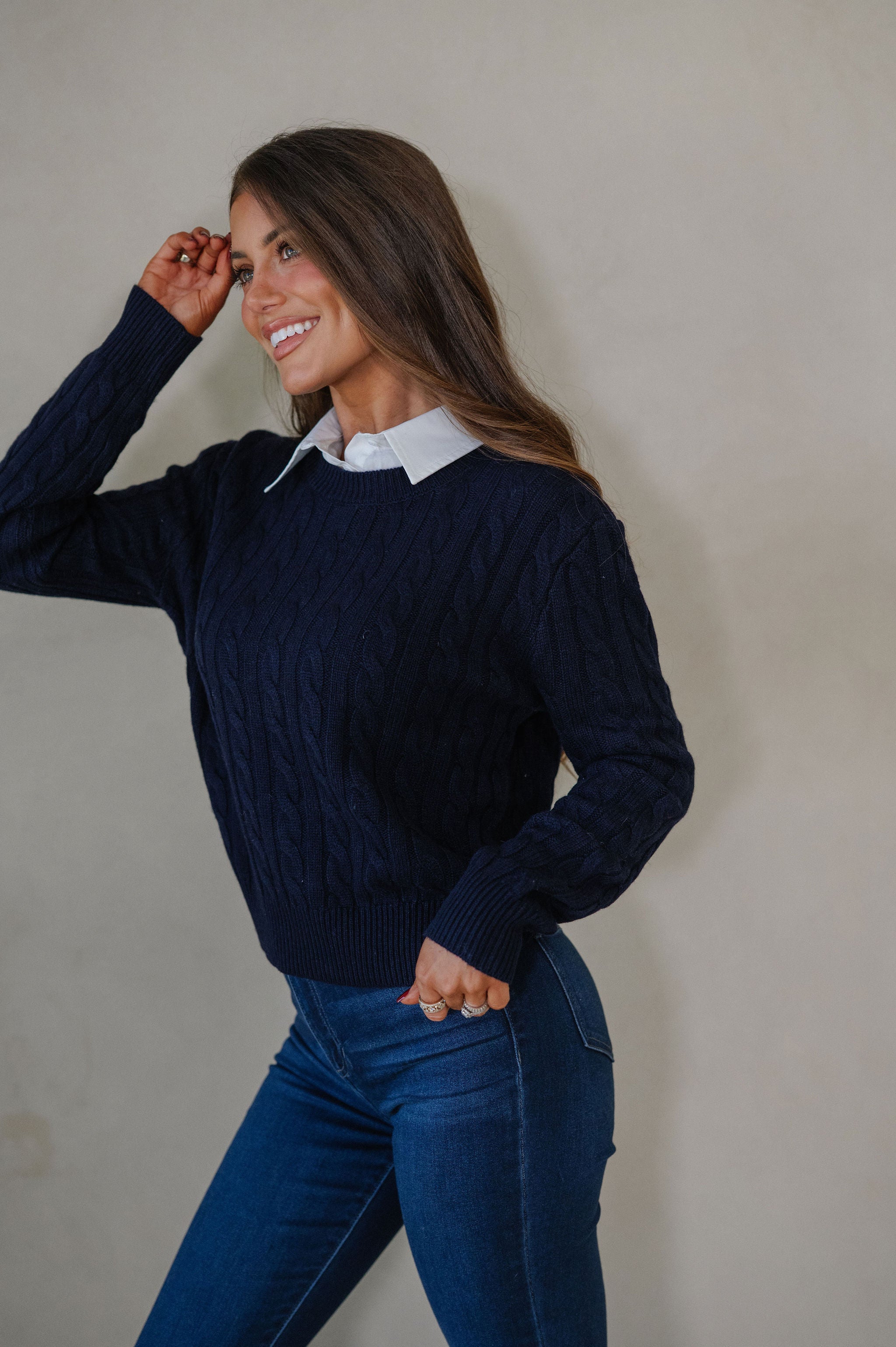 Tessa Cable Knit Sweater-Navy