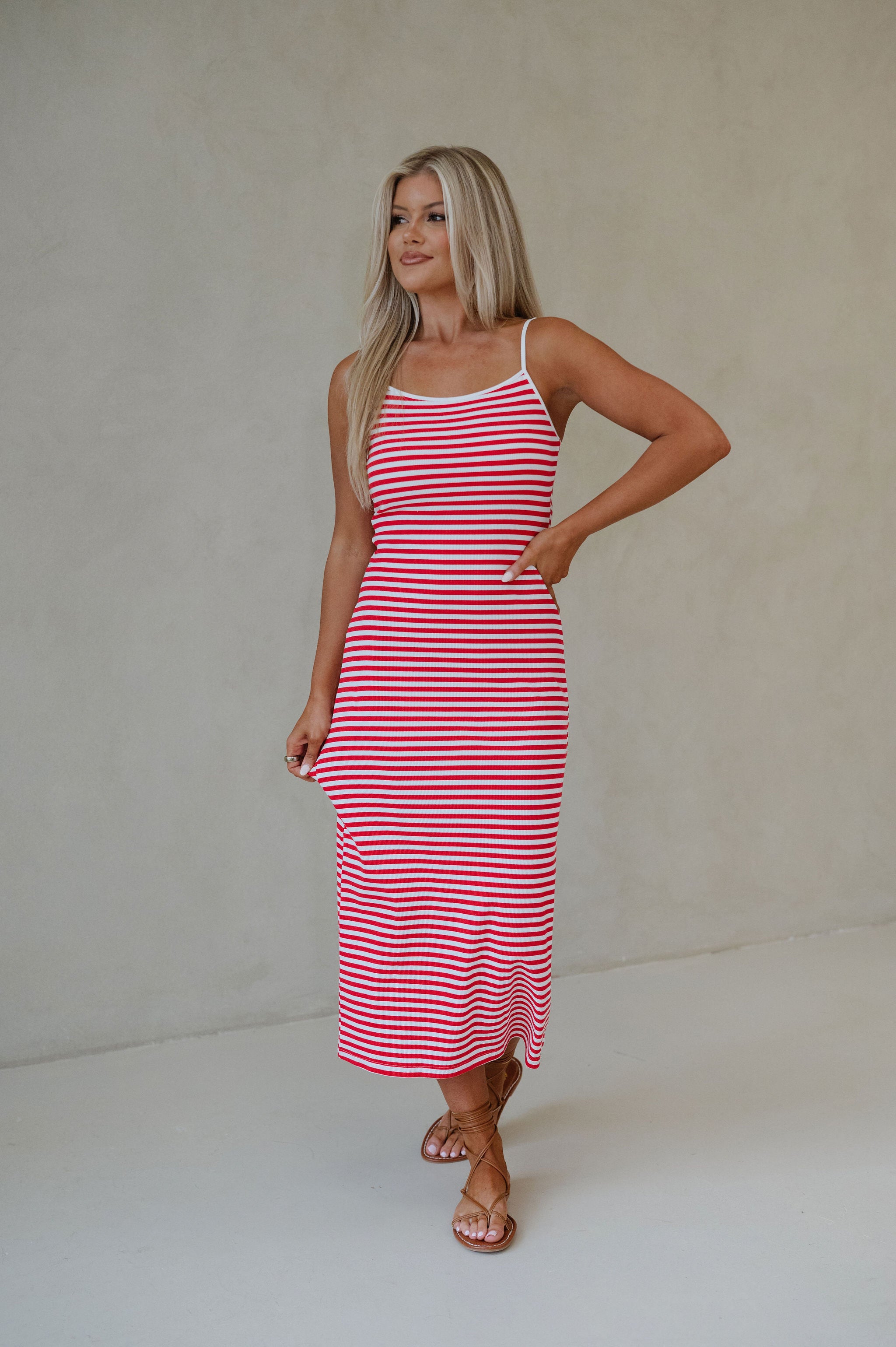 Bruno Striped Midi Dress-Red/White