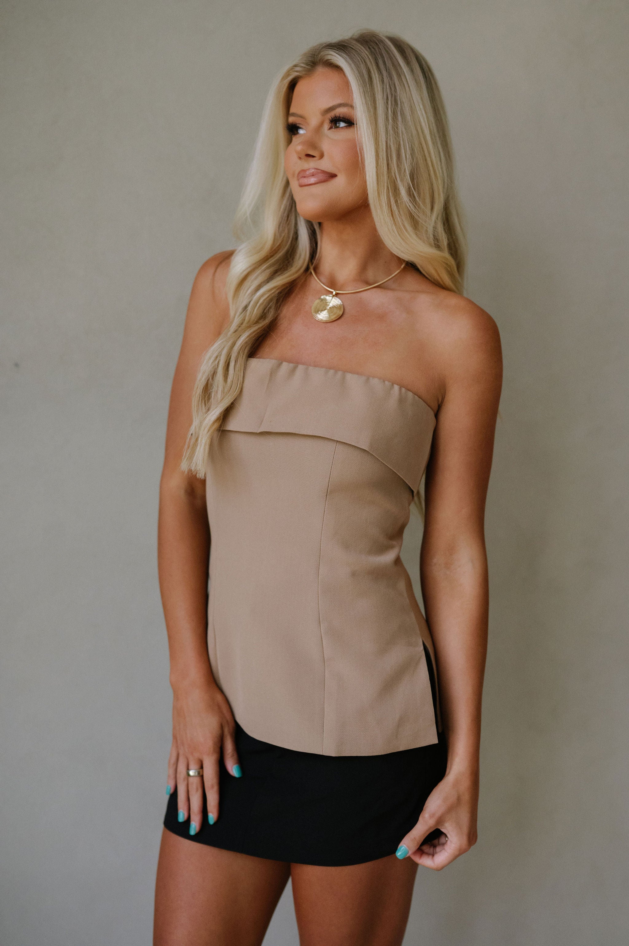 Strapless Foldover Tailored Top-Khaki