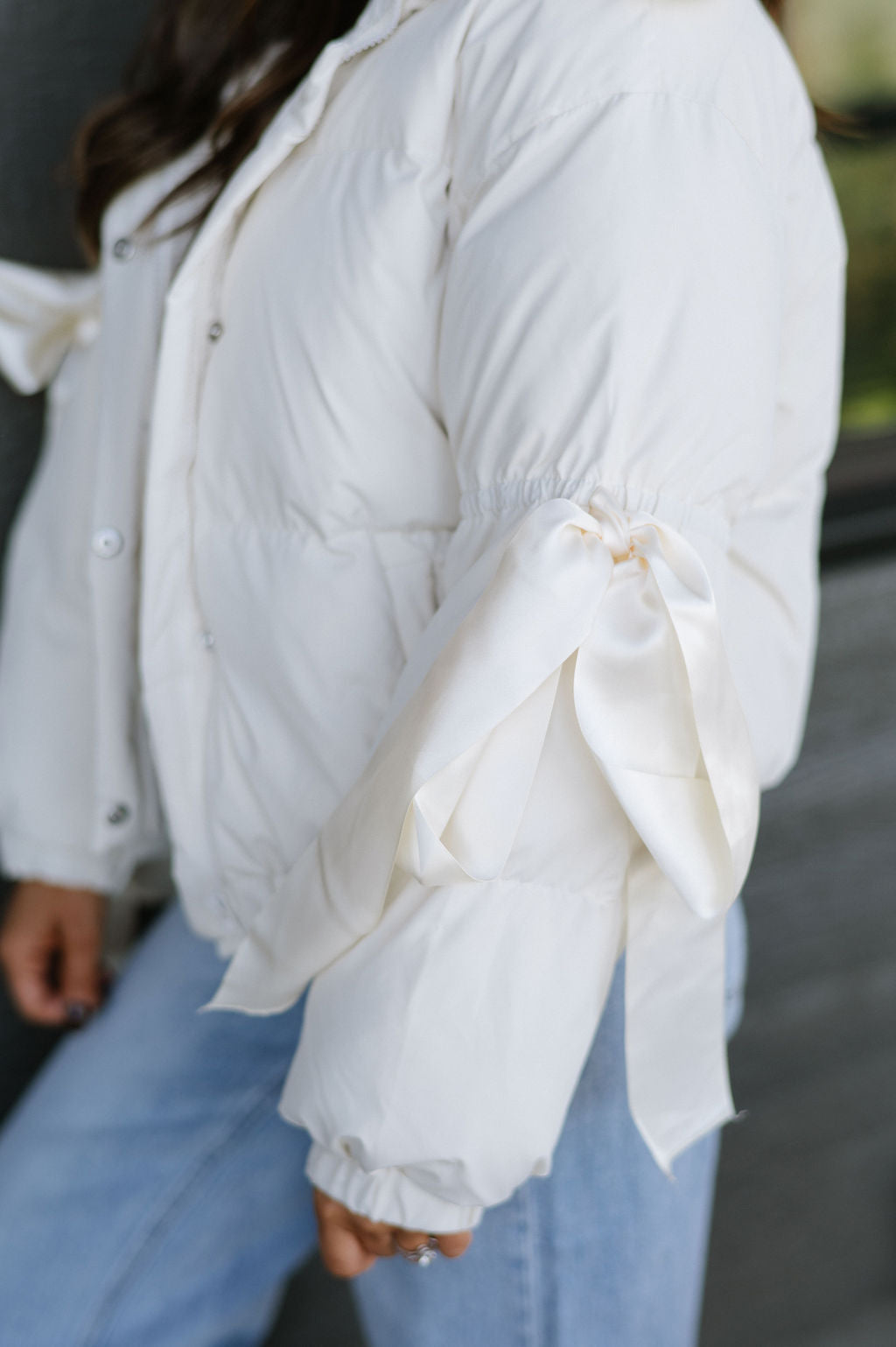 Ribbon Accent Puffer Jacket- Cream