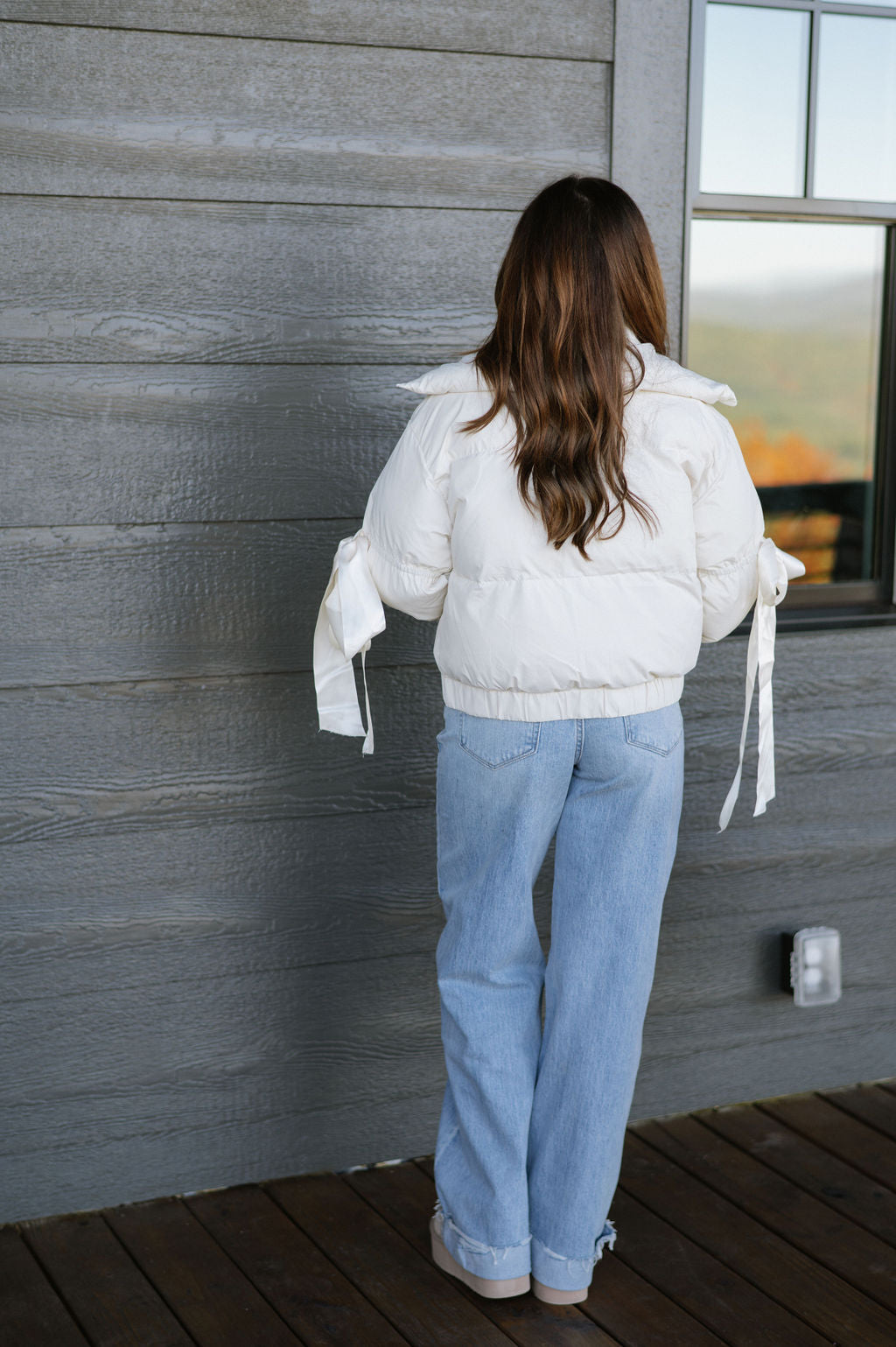 Ribbon Accent Puffer Jacket- Cream