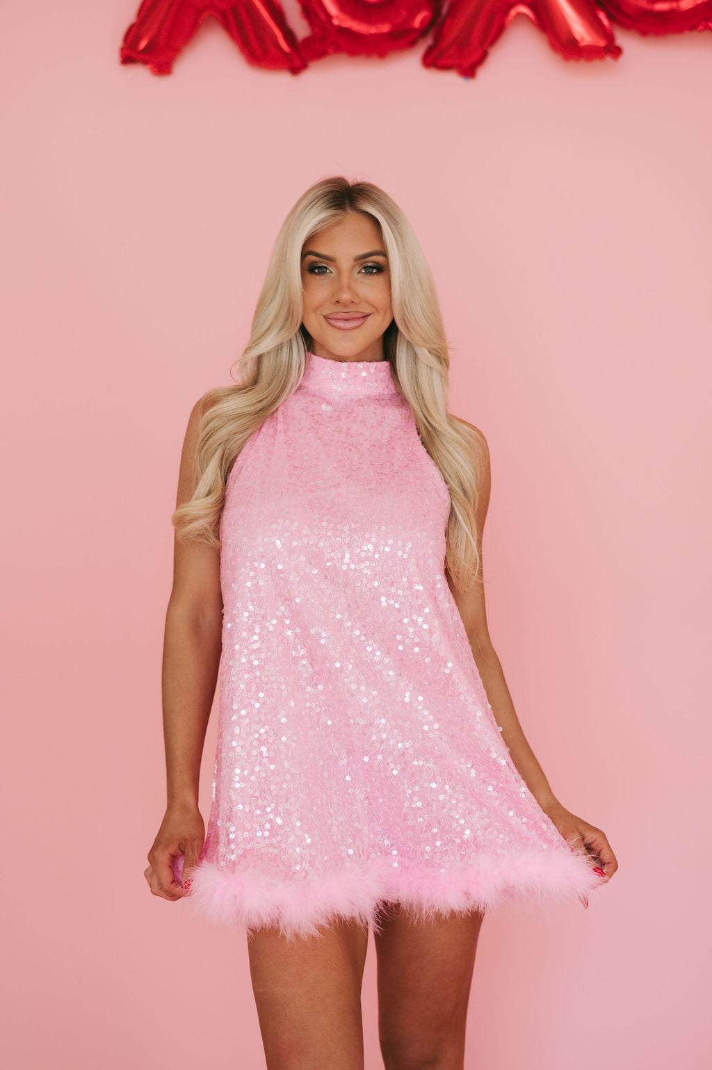 Be Mine Sequin Halter Dress- Pink // PETITE