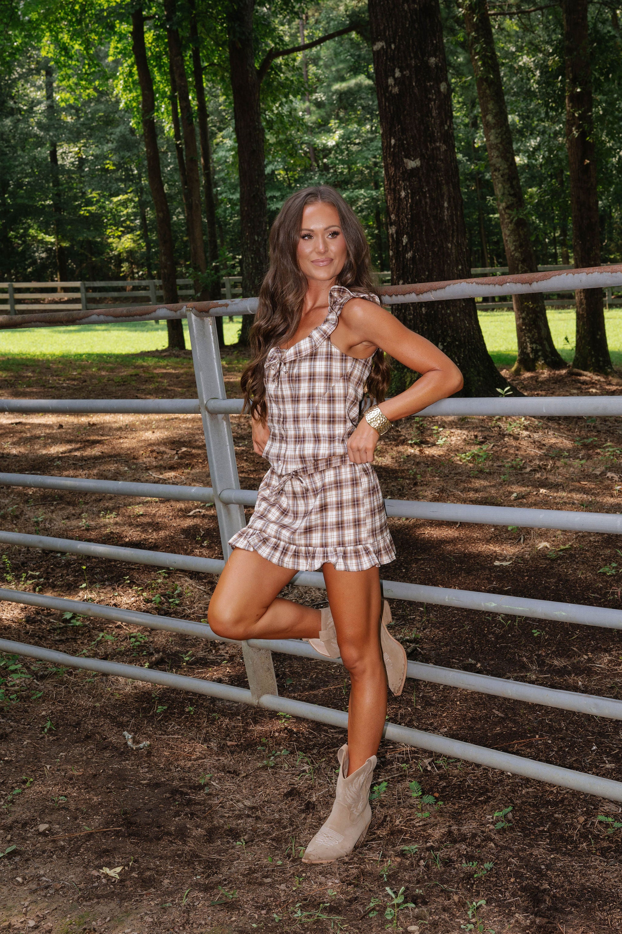 Chloe Plaid Ruffle Mini Skirt Set-Taupe