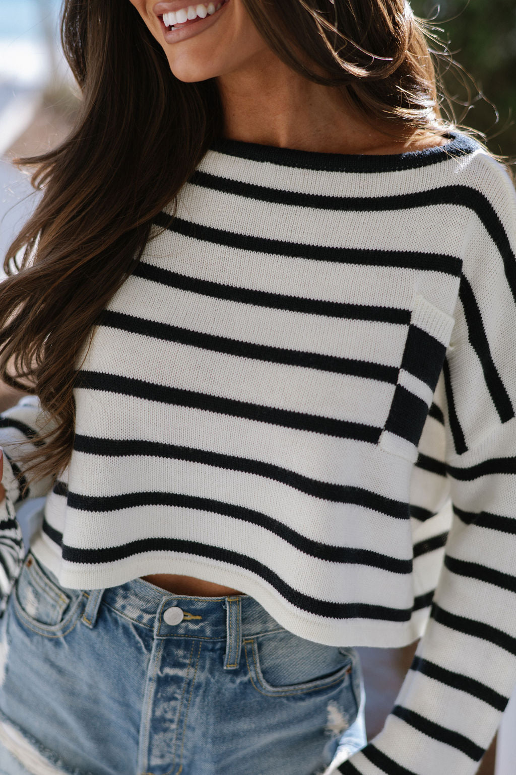 Striped Pocketed Sweater-Ivory/Navy