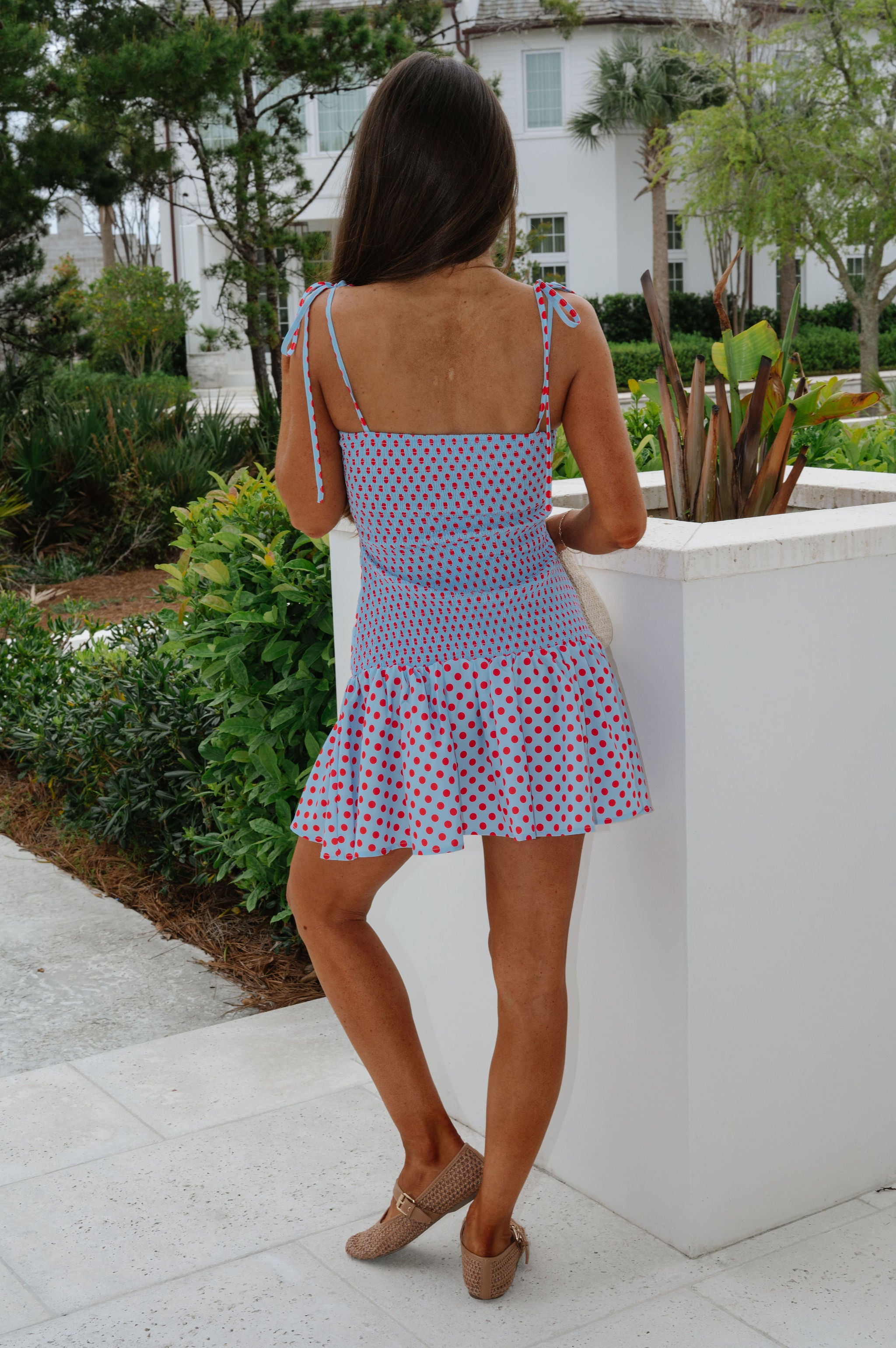 トップス ans dotsloevner MINI DRESS BLUE Polka Dot Pleated Mini Dress-Blue/Red