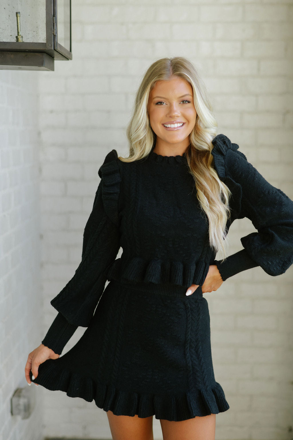 Ruffle Sweater Knit Skirt Set-Black