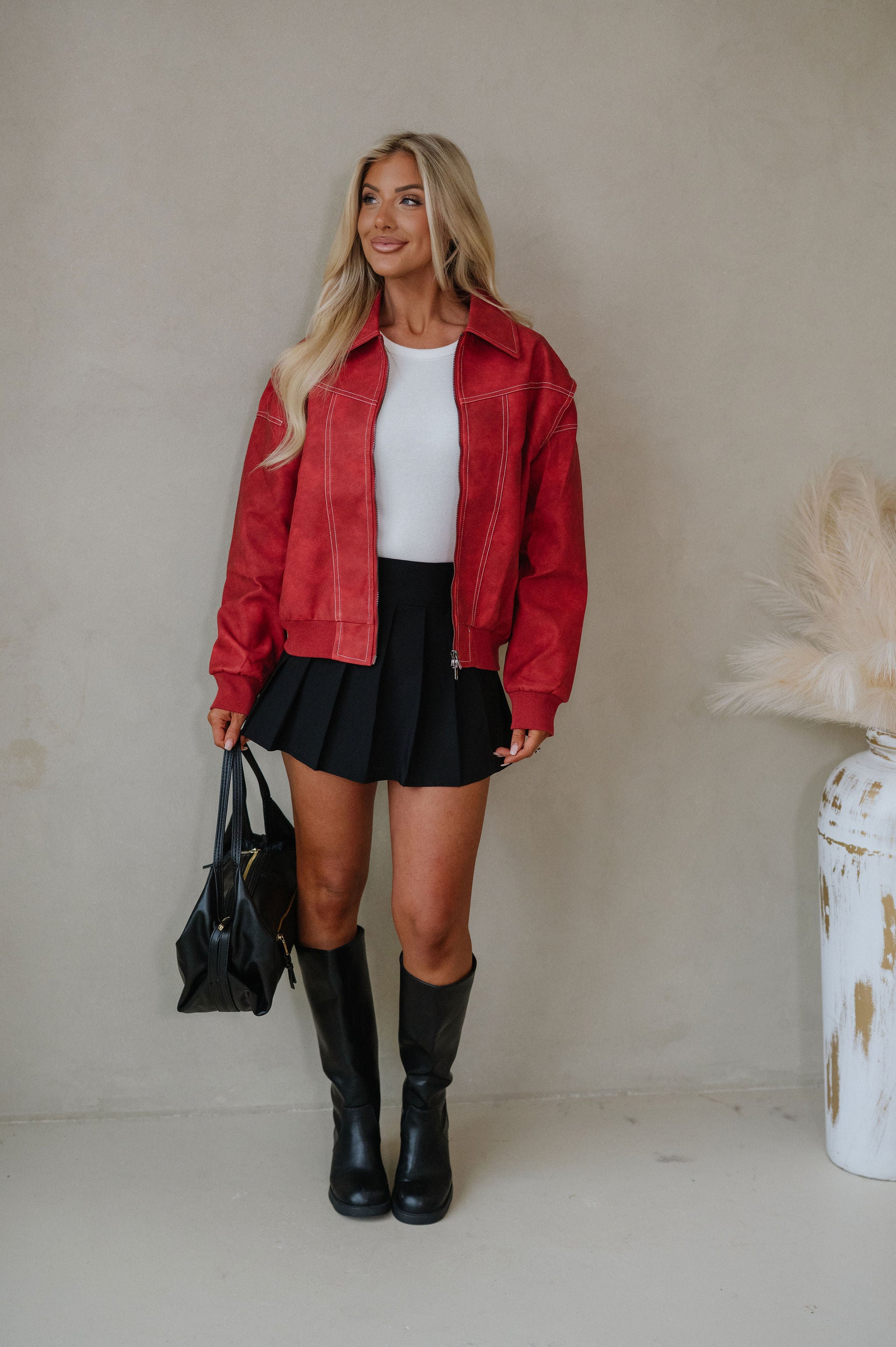 Lizzie Leather Bomber Jacket-Red