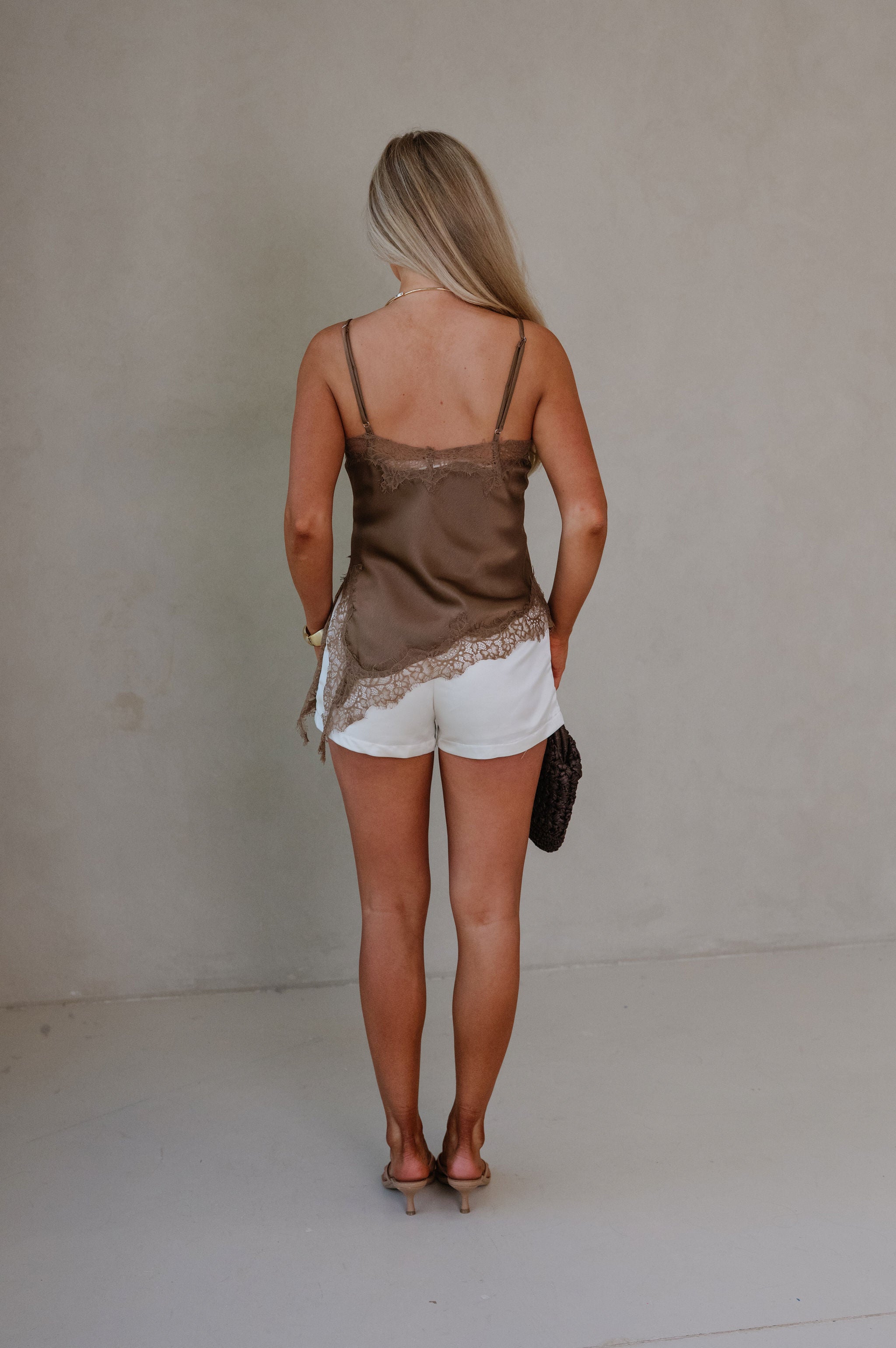 Asymmetrical Lace Trim Satin Cami Top-Brown