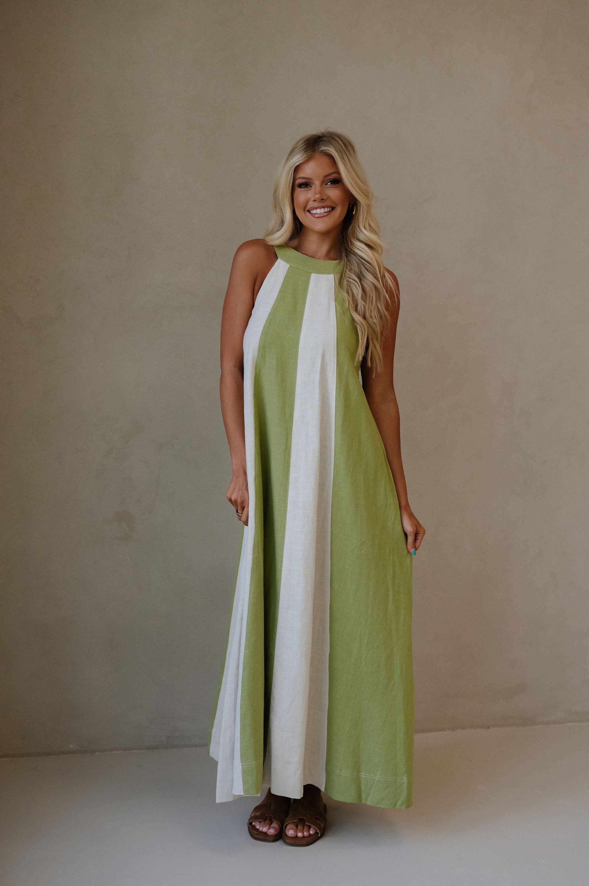 Linen Blend Halter Dress-Sage/Ecru