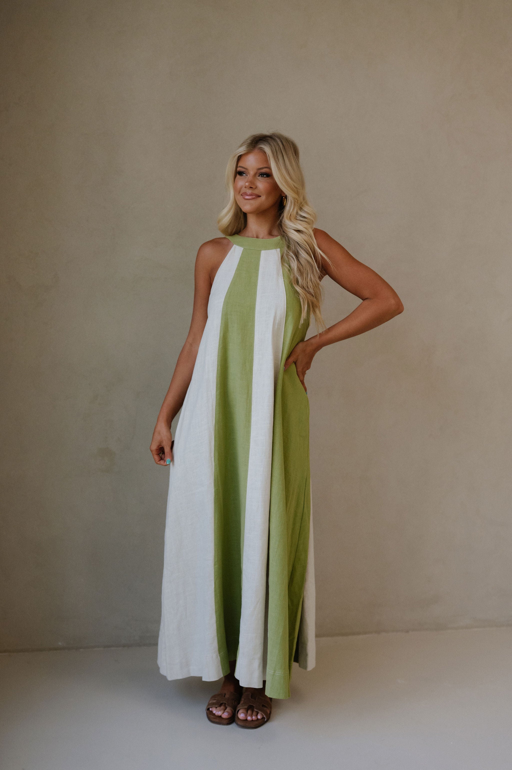 Linen Blend Halter Dress-Sage/Ecru