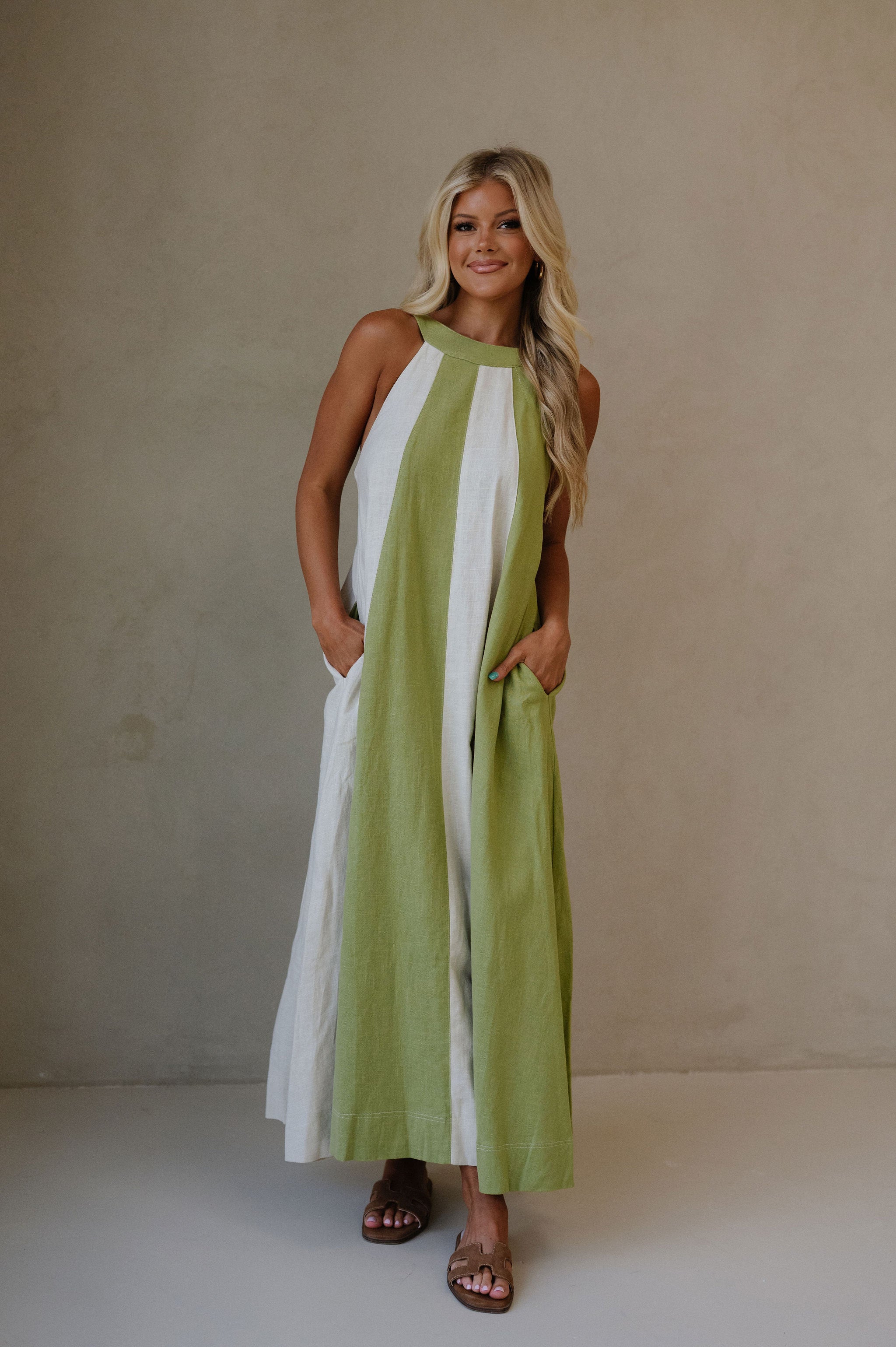 Linen Blend Halter Dress-Sage/Ecru