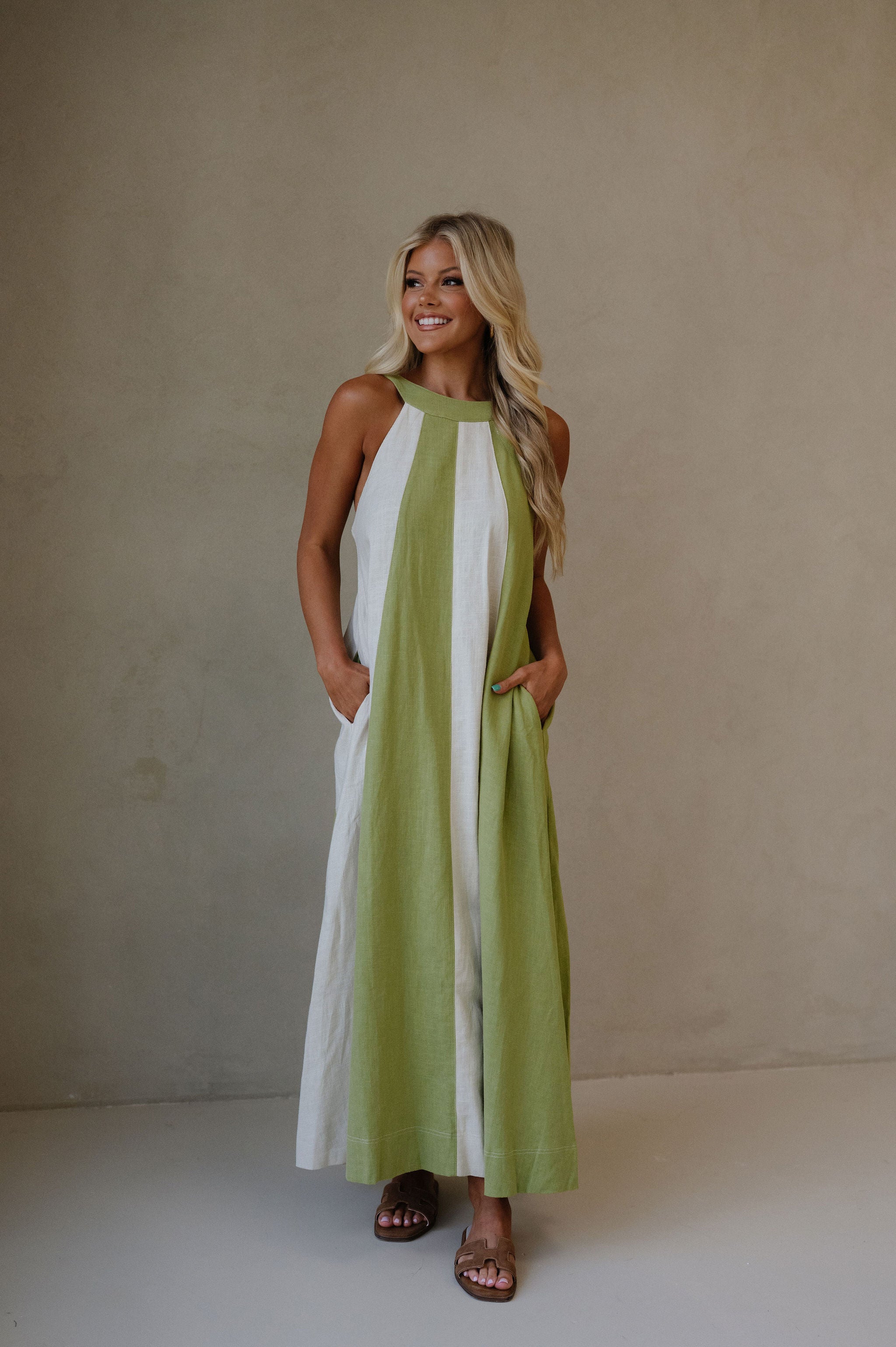 Linen Blend Halter Dress-Sage/Ecru