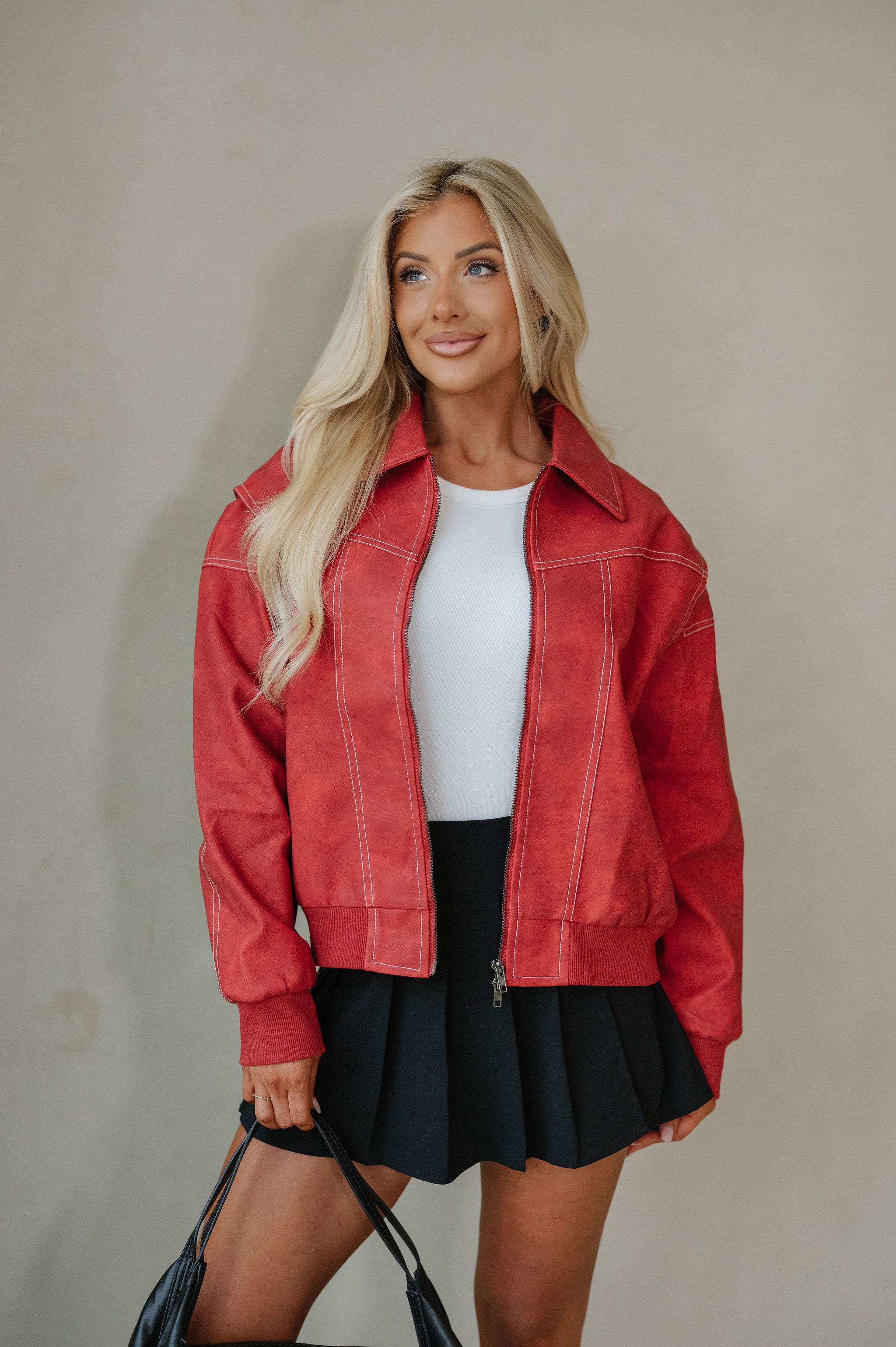 Lizzie Leather Bomber Jacket-Red