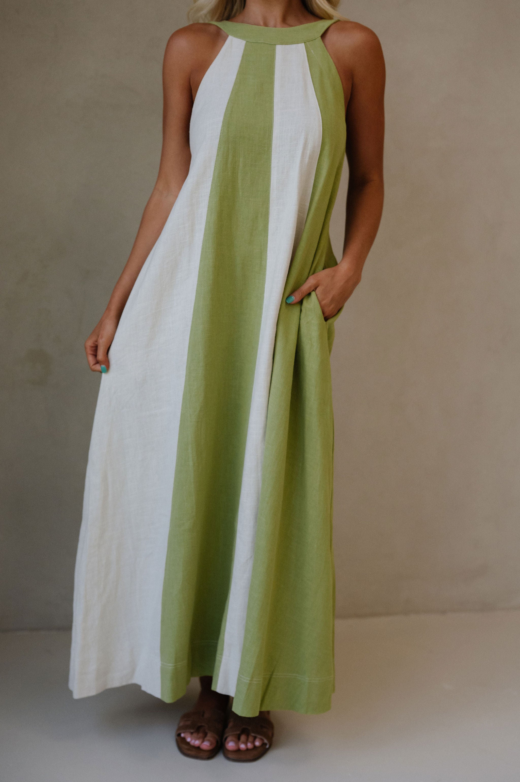 Linen Blend Halter Dress-Sage/Ecru