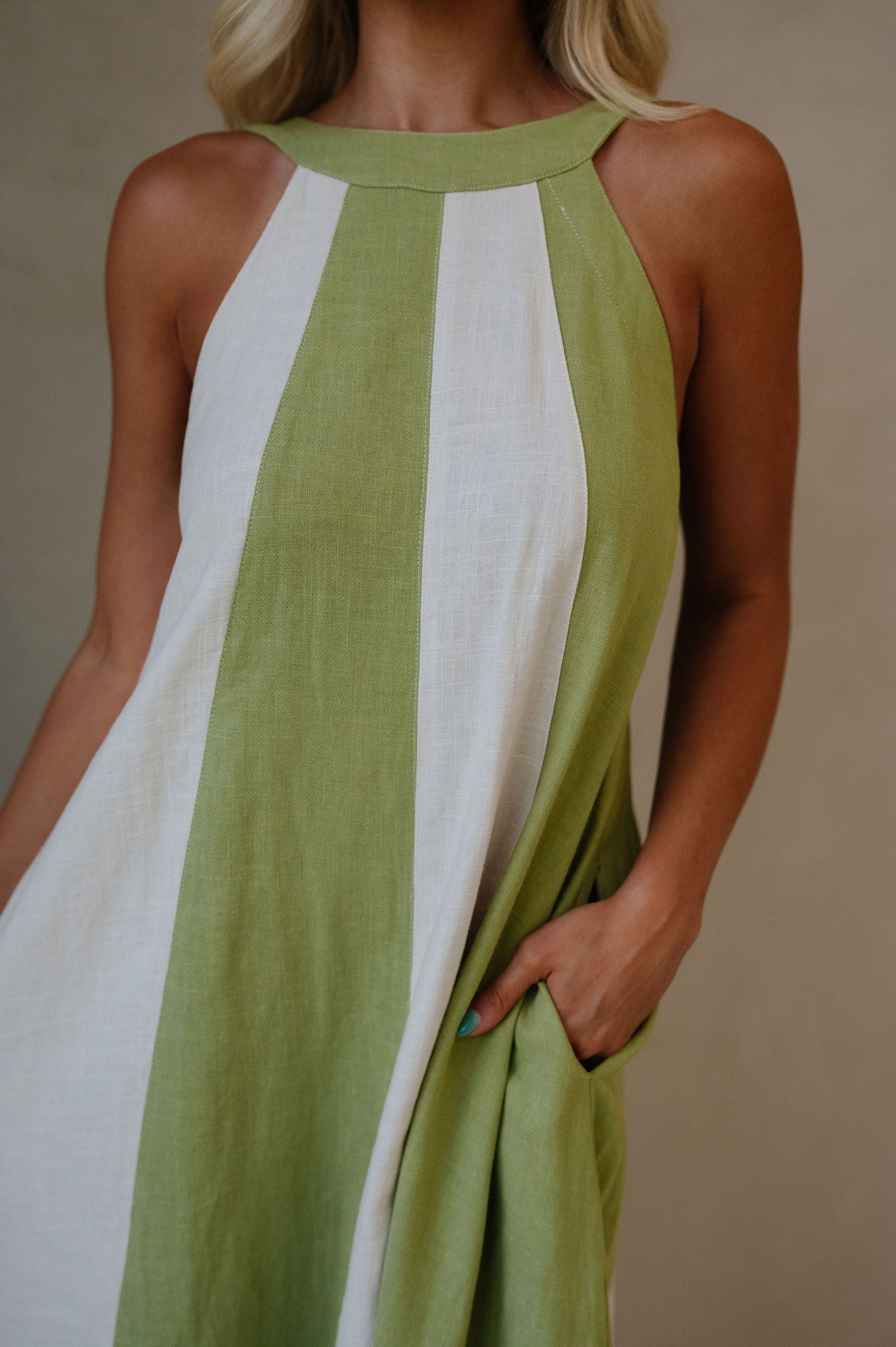 Linen Blend Halter Dress-Sage/Ecru