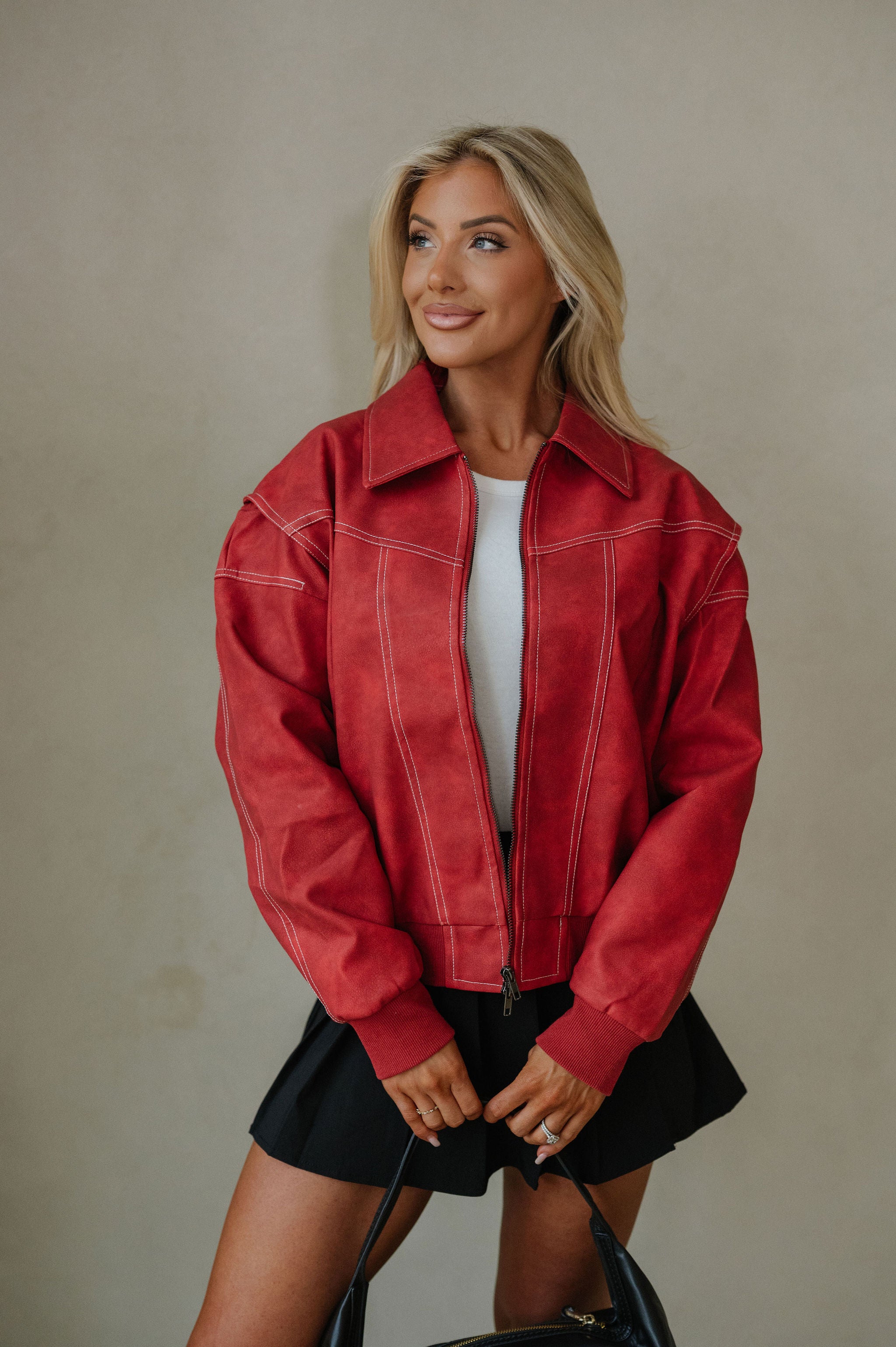 Lizzie Leather Bomber Jacket-Red