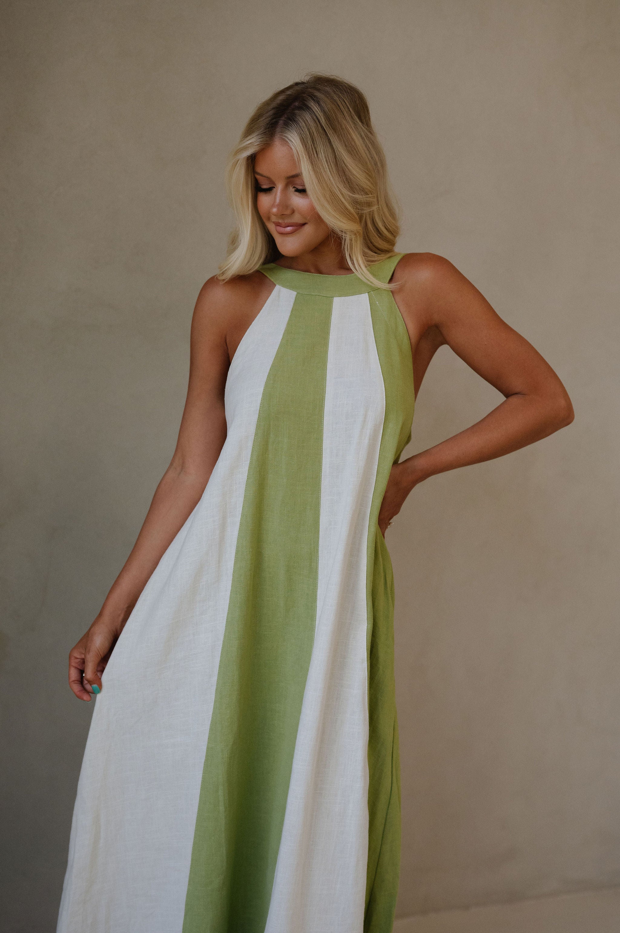 Linen Blend Halter Dress-Sage/Ecru