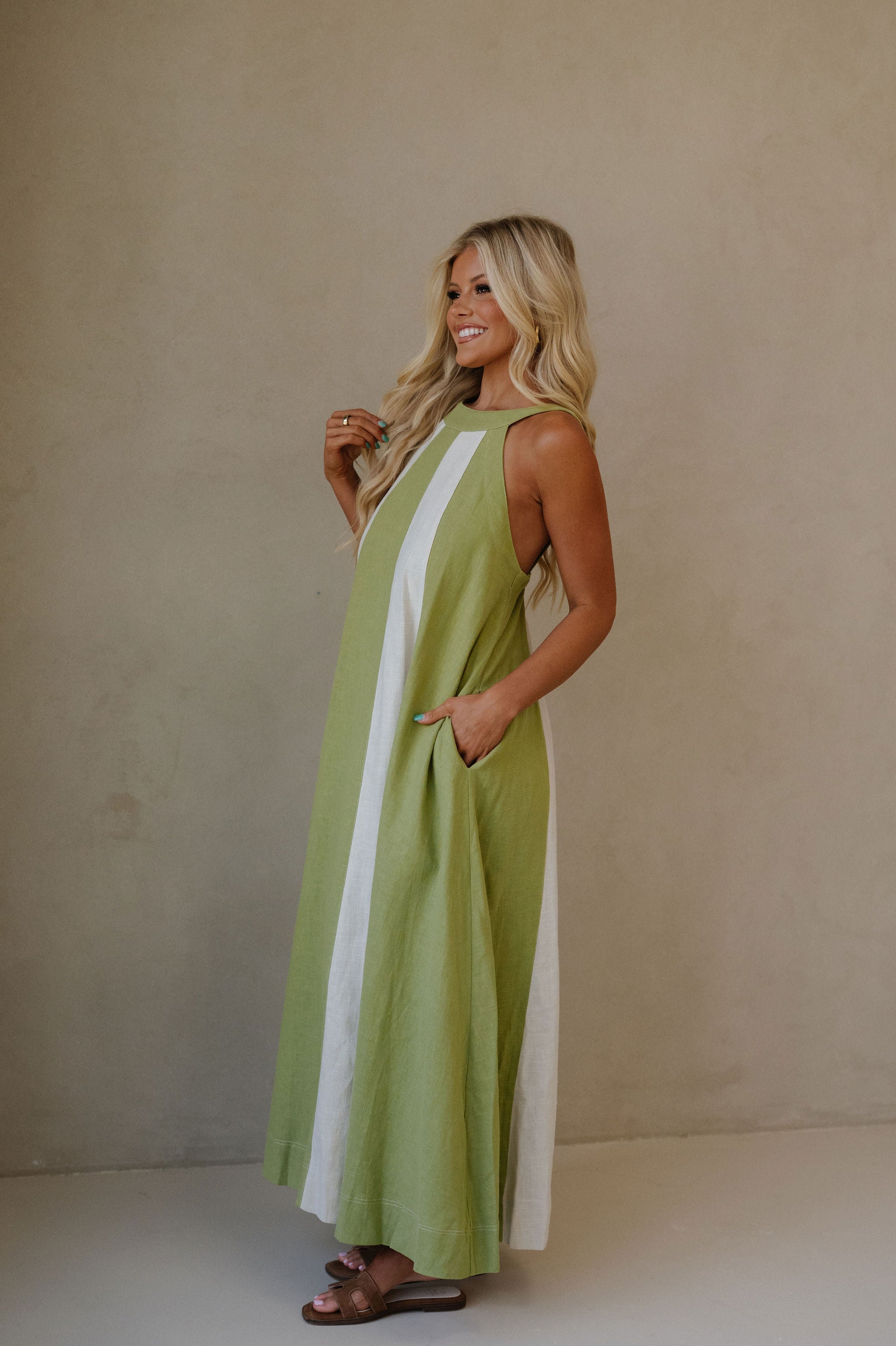 Linen Blend Halter Dress-Sage/Ecru