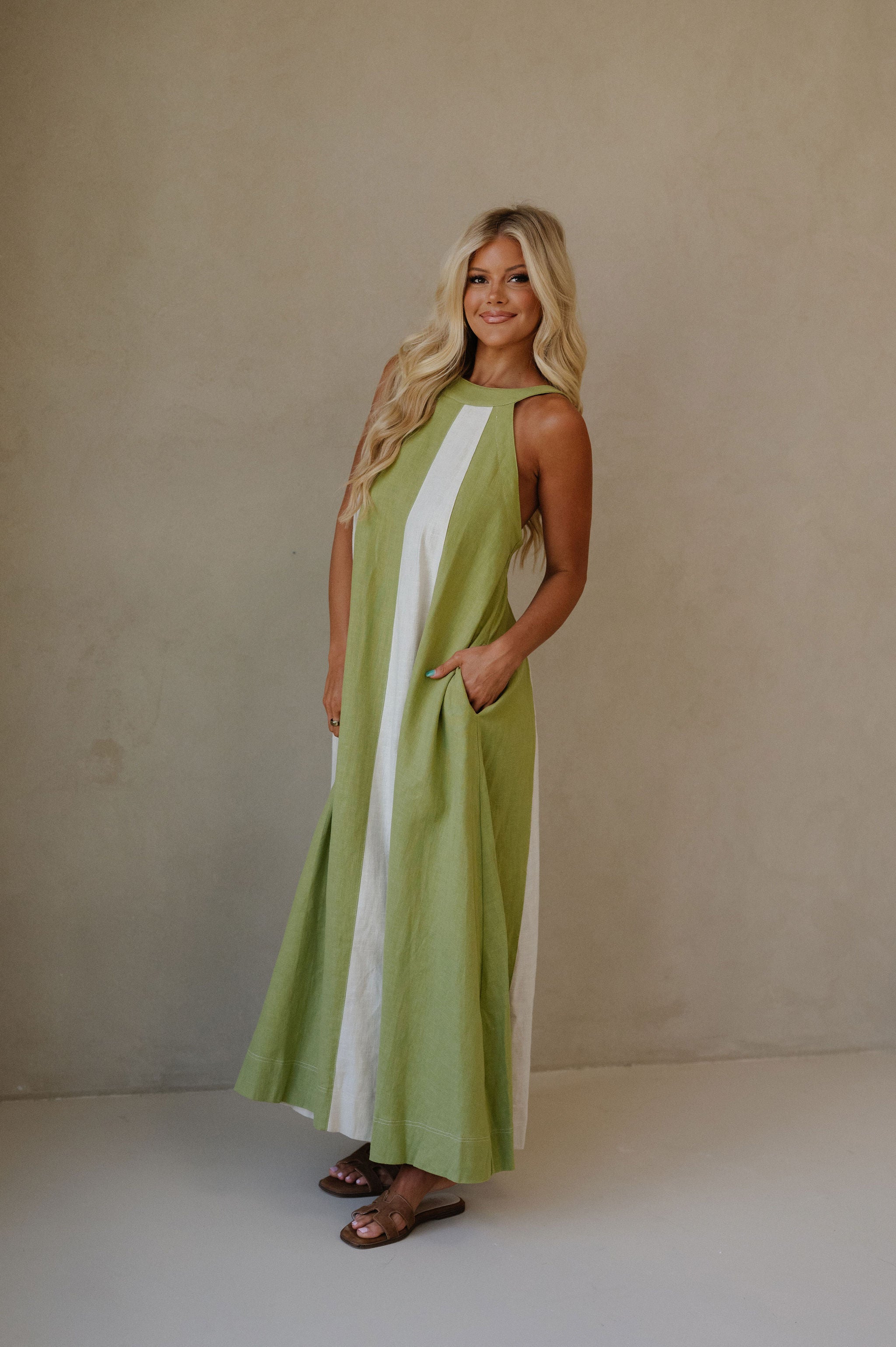 Linen Blend Halter Dress-Sage/Ecru