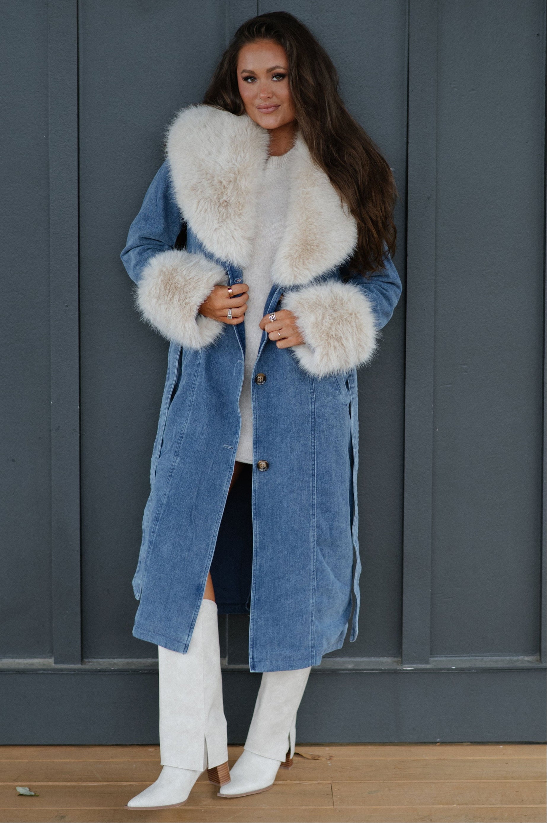 Eliza Fur Trimmed Coat-Denim