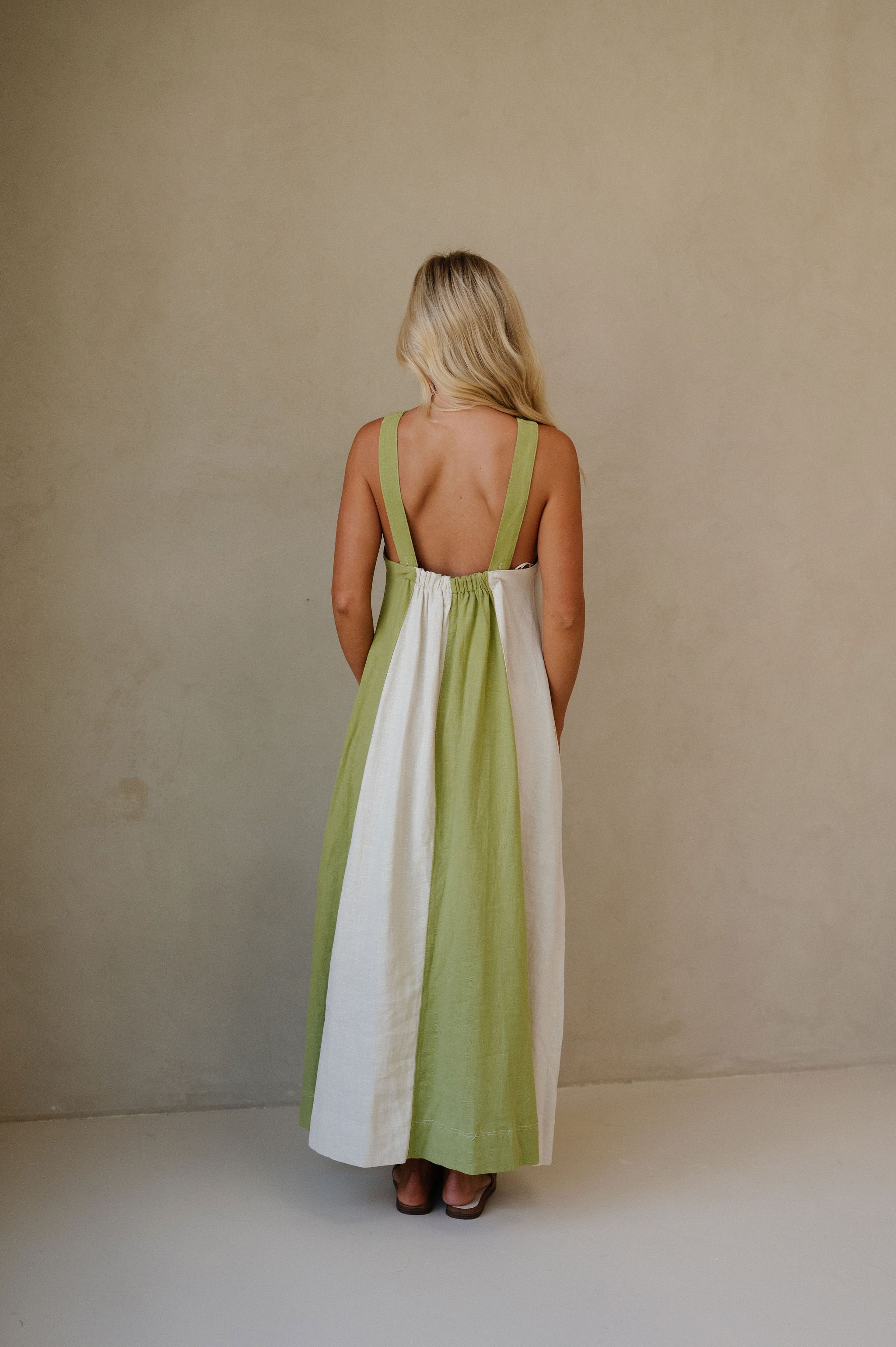 Linen Blend Halter Dress-Sage/Ecru
