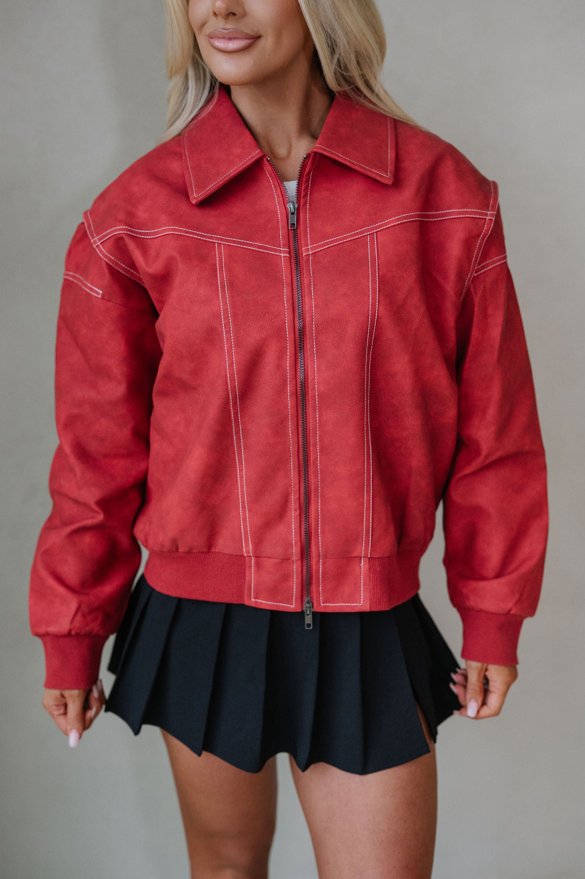 Lizzie Leather Bomber Jacket-Red
