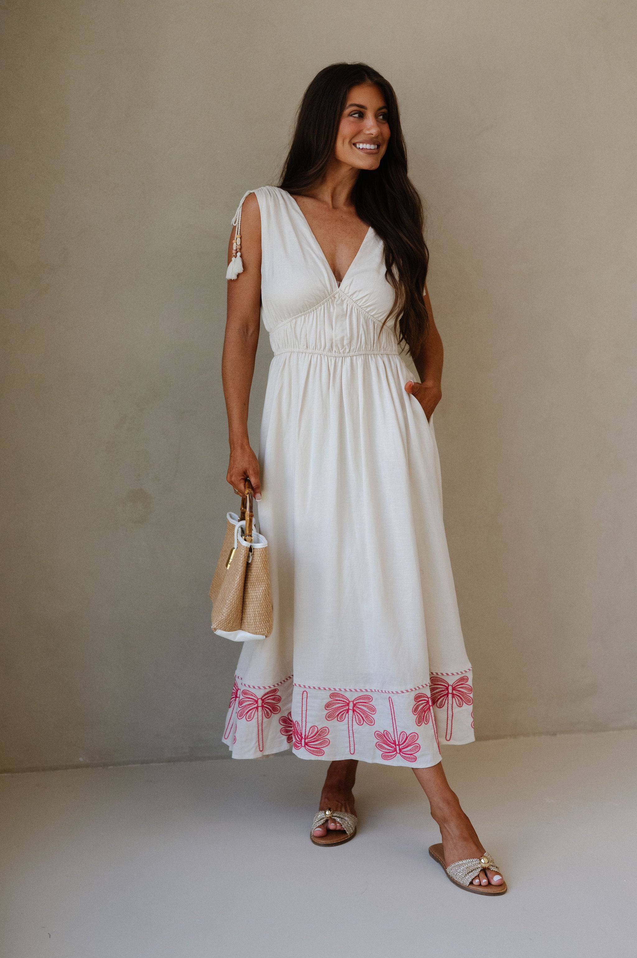 Palm Tree Embroidery Linen Dress