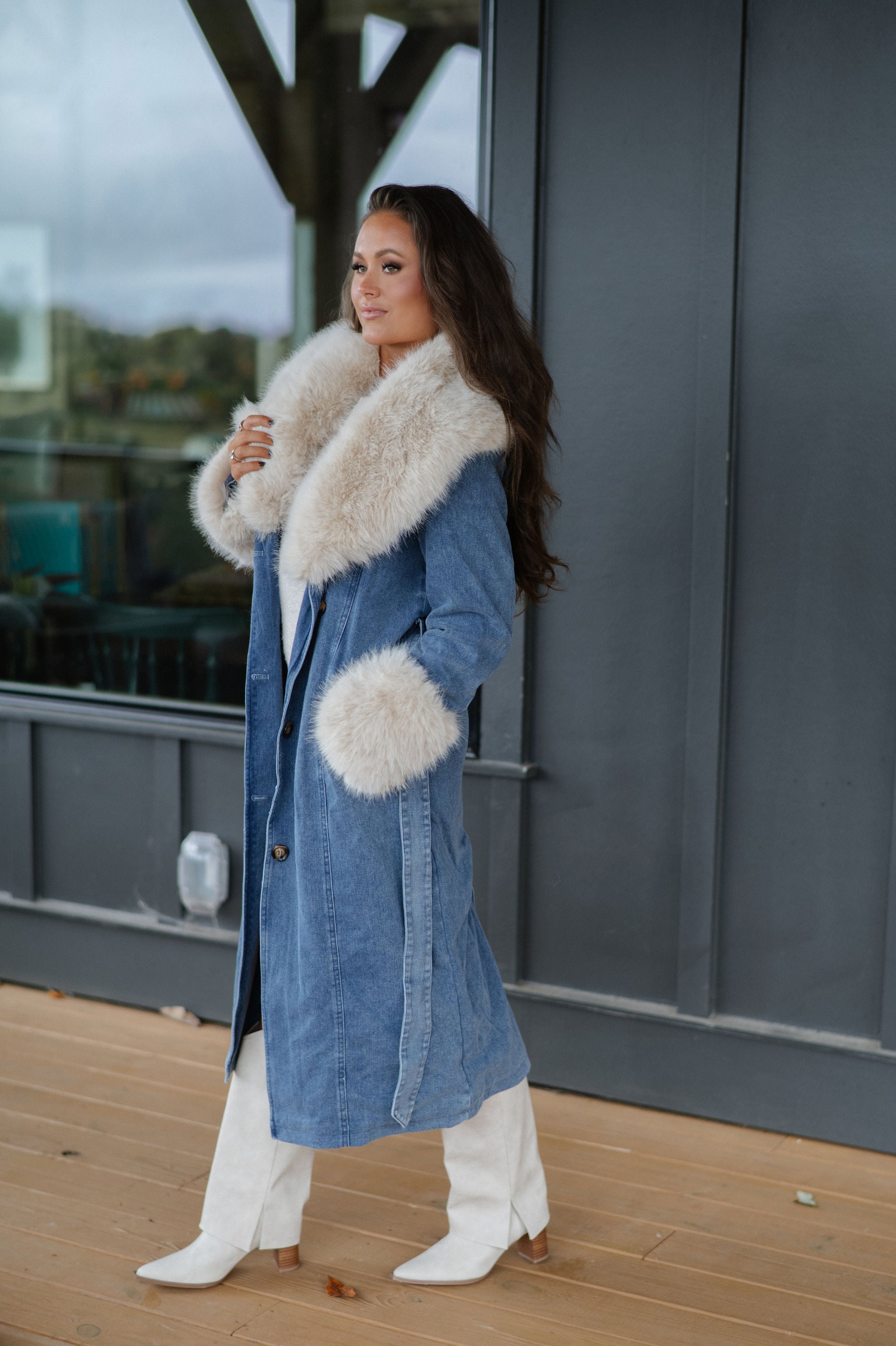 Eliza Fur Trimmed Coat-Denim