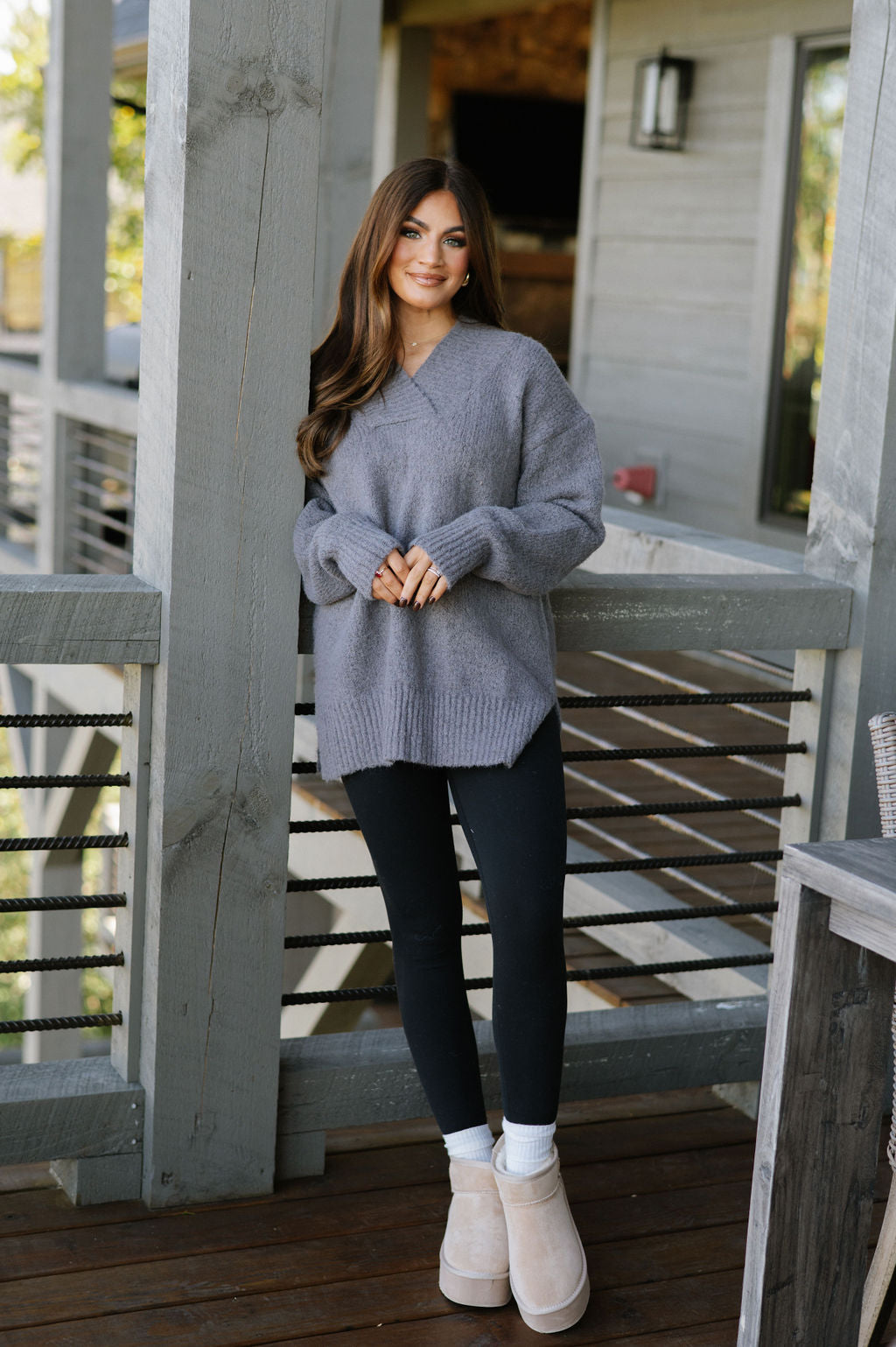 V-neck Slouchy Soft Knit Sweater - Charcoal