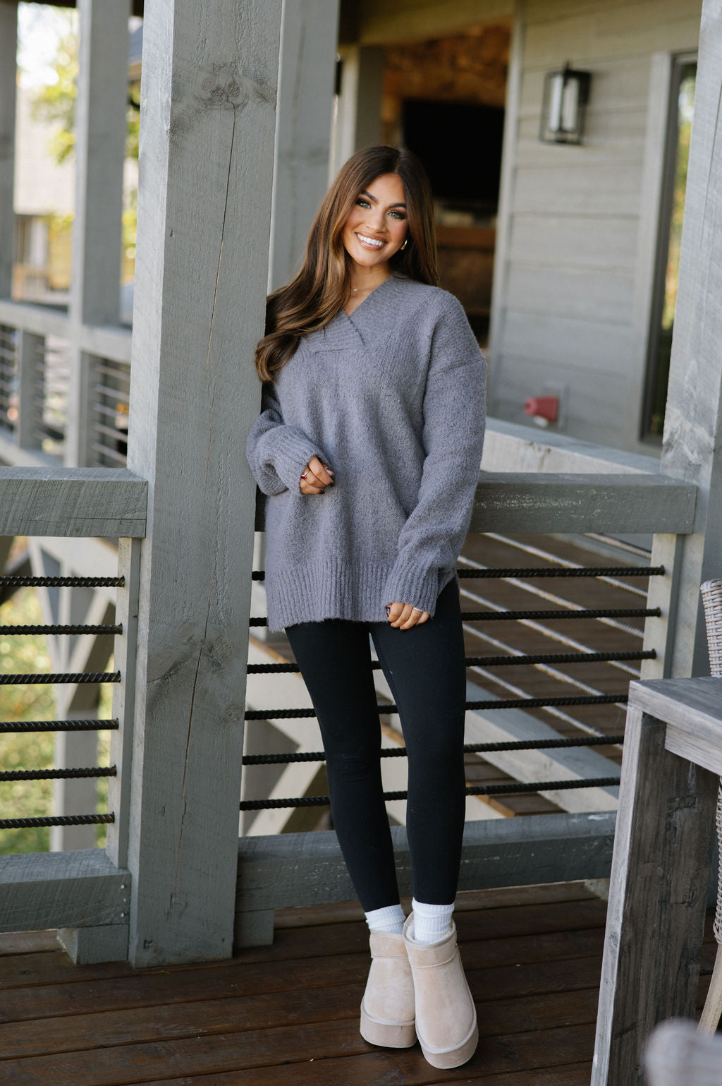 V-neck Slouchy Soft Knit Sweater - Charcoal