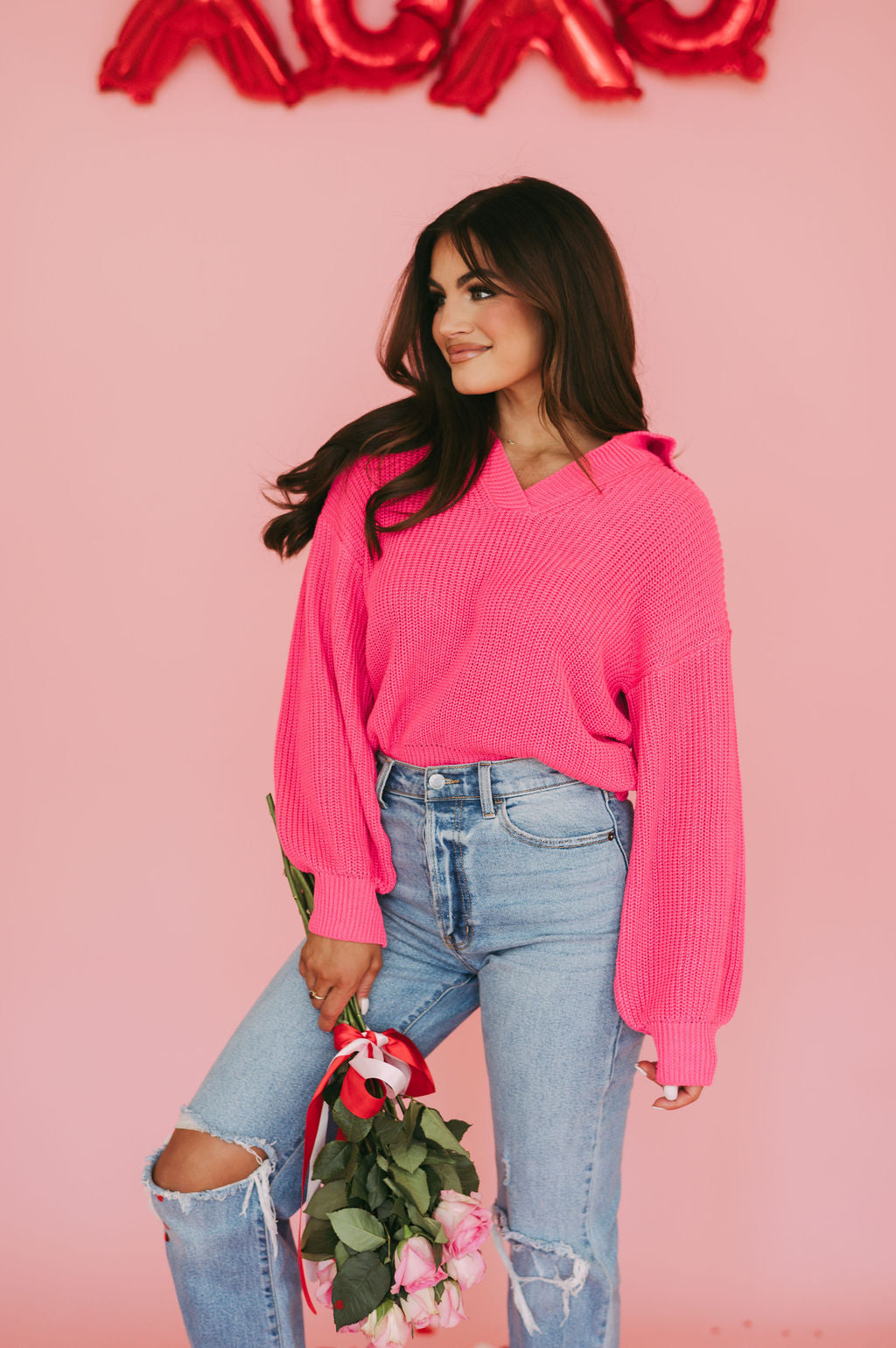 Collared V-Neck Sweater-Pink