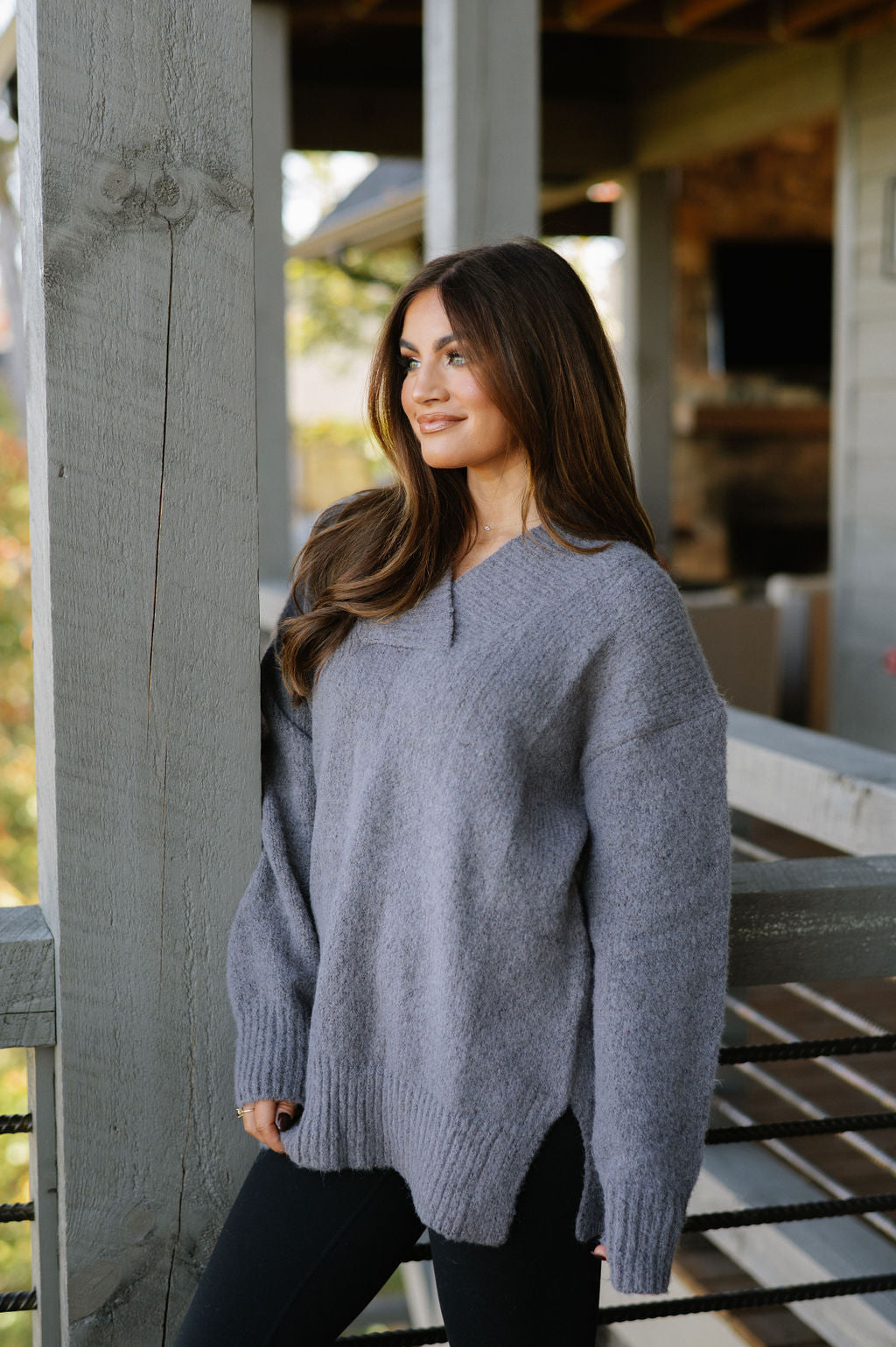 V-neck Slouchy Soft Knit Sweater - Charcoal